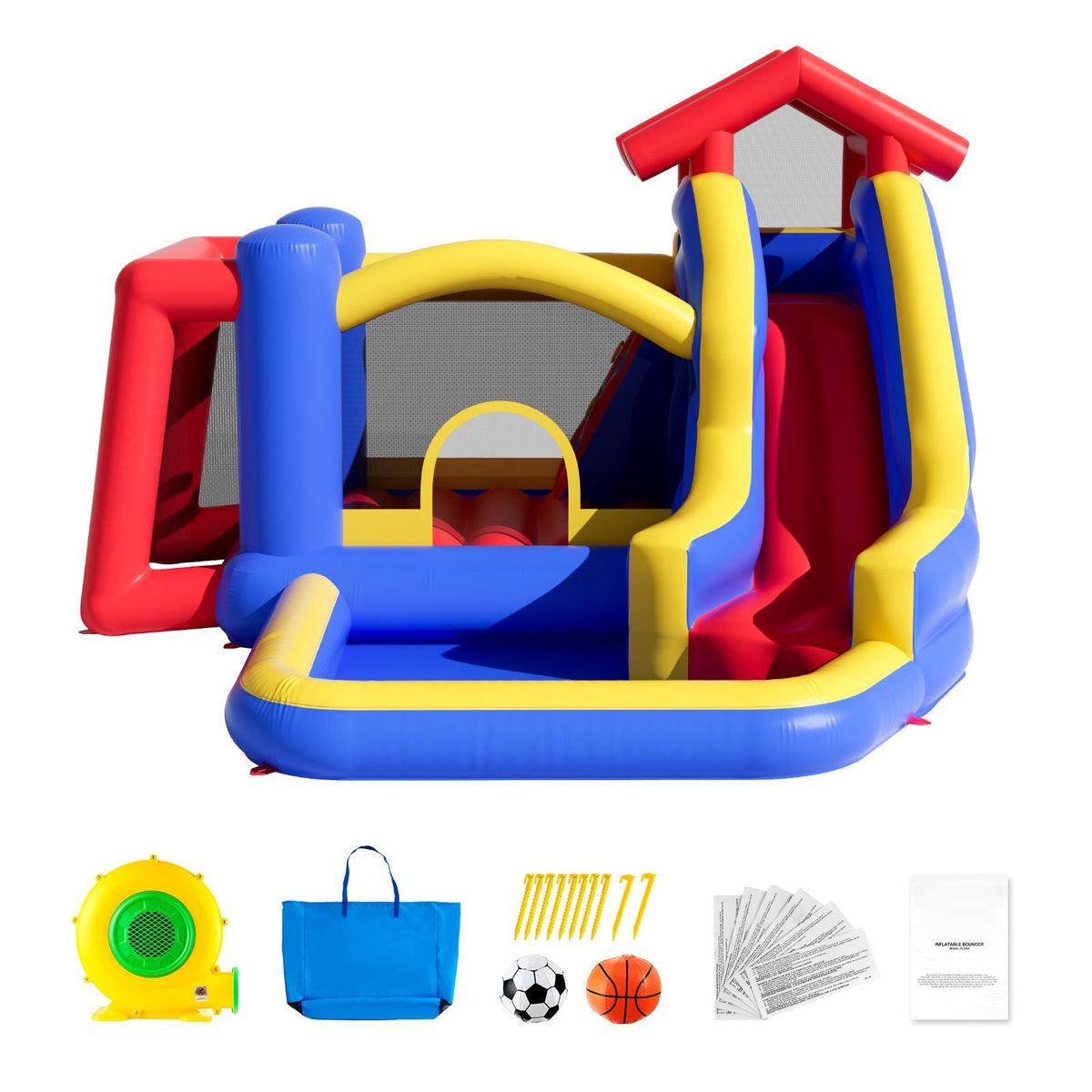 Inflatable Bounce House, Outdoor High Quality Playhouse Trampoline, Jumping Bouncer with Blower, Slide, and Storage Bag, Family Backyard Bouncy Castle, for Kid Ages 3–8 Years, 131x133x91 inch