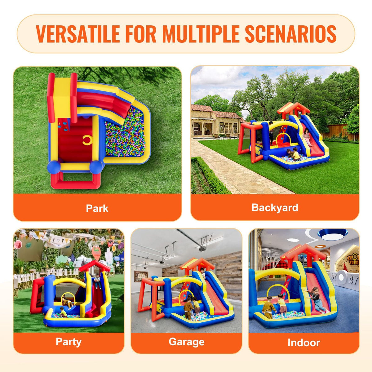 Inflatable Bounce House, Outdoor High Quality Playhouse Trampoline, Jumping Bouncer with Blower, Slide, and Storage Bag, Family Backyard Bouncy Castle, for Kid Ages 3–8 Years, 131x133x91 inch