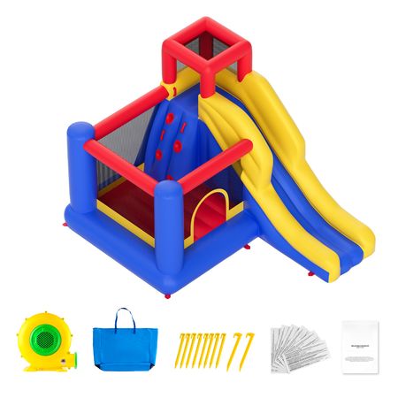 Inflatable Bounce House, Outdoor High Quality Playhouse Trampoline, Jumping Bouncer with Blower, Slide, and Storage Bag, Family Backyard Bouncy Castle, for Kid Ages 3–8 Years, 134x102x91 inch