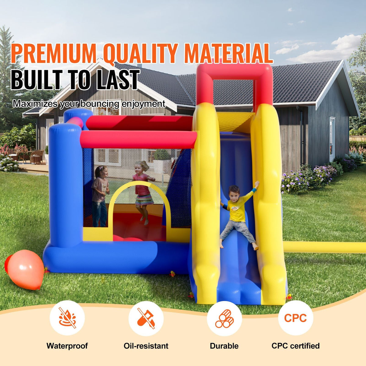 Inflatable Bounce House, Outdoor High Quality Playhouse Trampoline, Jumping Bouncer with Blower, Slide, and Storage Bag, Family Backyard Bouncy Castle, for Kid Ages 3–8 Years, 134x102x91 inch