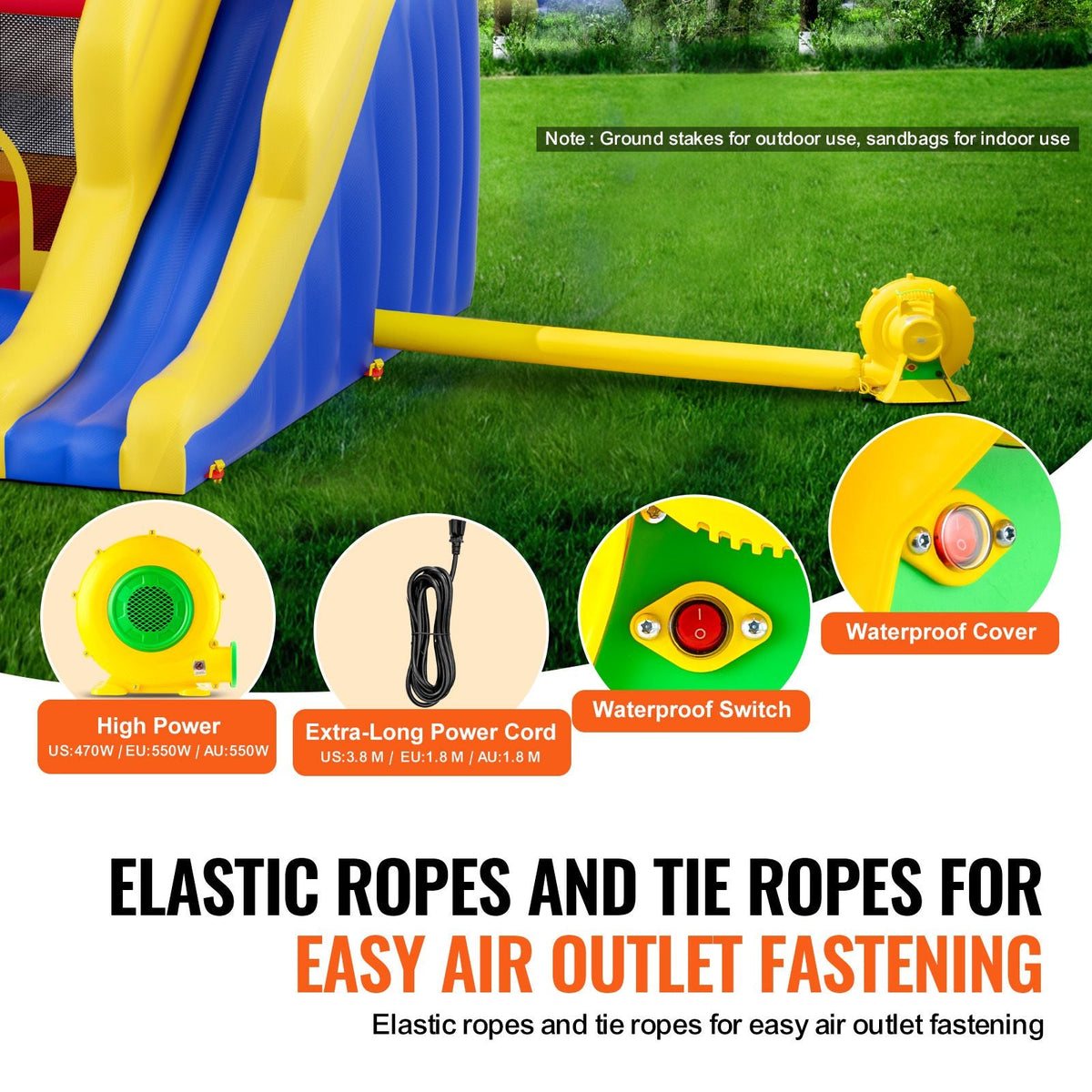Inflatable Bounce House, Outdoor High Quality Playhouse Trampoline, Jumping Bouncer with Blower, Slide, and Storage Bag, Family Backyard Bouncy Castle, for Kid Ages 3–8 Years, 134x102x91 inch