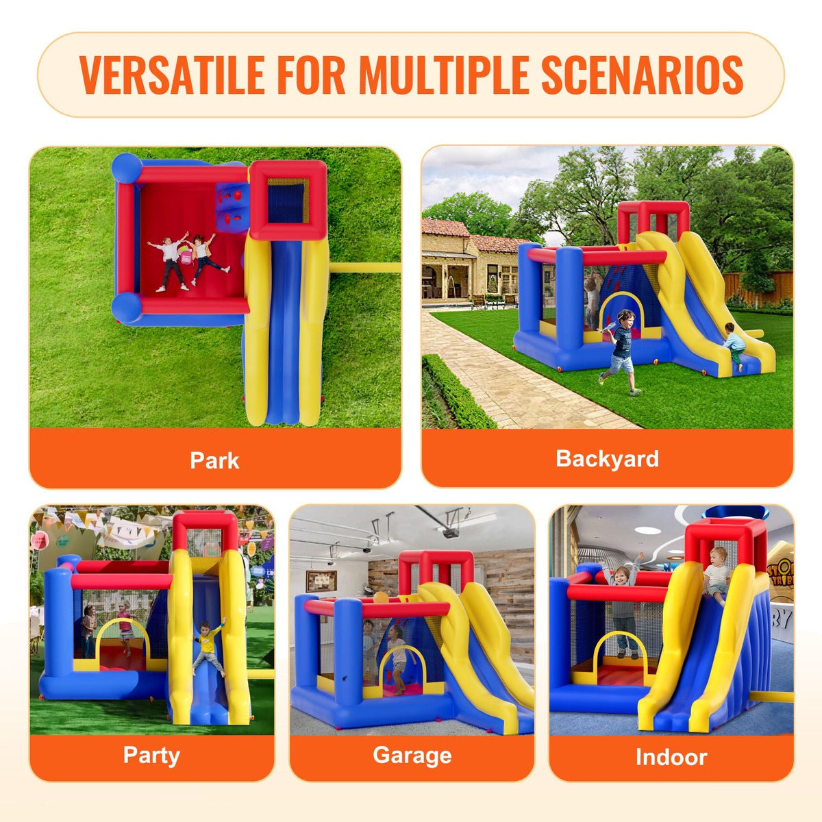Inflatable Bounce House, Outdoor High Quality Playhouse Trampoline, Jumping Bouncer with Blower, Slide, and Storage Bag, Family Backyard Bouncy Castle, for Kid Ages 3–8 Years, 134x102x91 inch