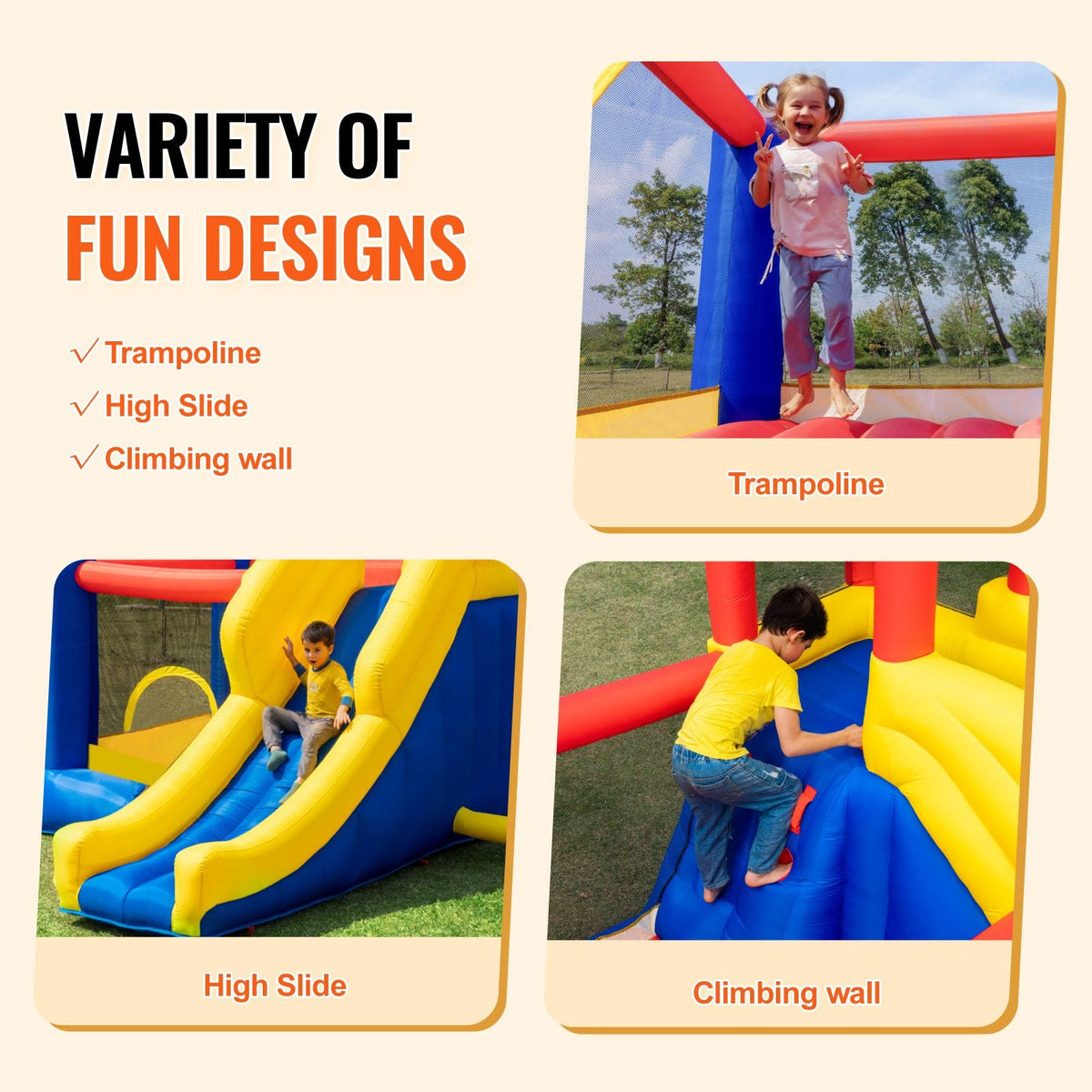 Inflatable Bounce House, Outdoor High Quality Playhouse Trampoline, Jumping Bouncer with Blower, Slide, and Storage Bag, Family Backyard Bouncy Castle, for Kid Ages 3–8 Years, 134x102x91 inch