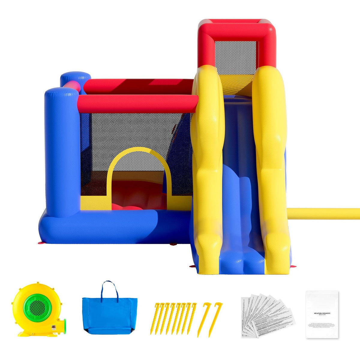 Inflatable Bounce House, Outdoor High Quality Playhouse Trampoline, Jumping Bouncer with Blower, Slide, and Storage Bag, Family Backyard Bouncy Castle, for Kid Ages 3–8 Years, 134x102x91 inch