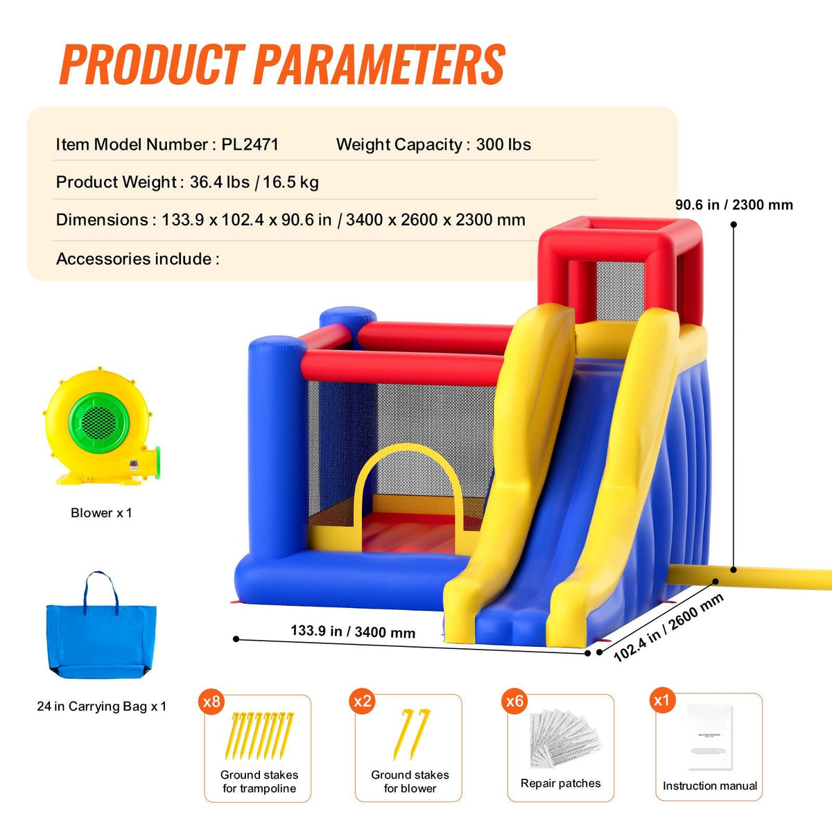 Inflatable Bounce House, Outdoor High Quality Playhouse Trampoline, Jumping Bouncer with Blower, Slide, and Storage Bag, Family Backyard Bouncy Castle, for Kid Ages 3–8 Years, 134x102x91 inch