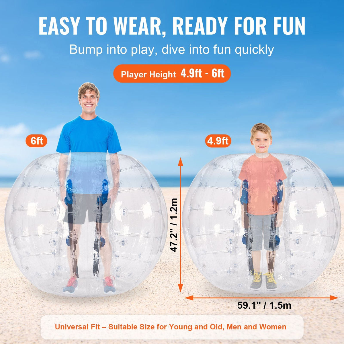 Inflatable Bumper Ball 1-Pack, 5FT/1.5M Body Sumo Zorb Balls for Teen & Adult, 0.8mm Thick PVC Human Hamster Bubble Balls for Outdoor Team Gaming Play, Bumper Bopper Toys for Garden, Yard, Park