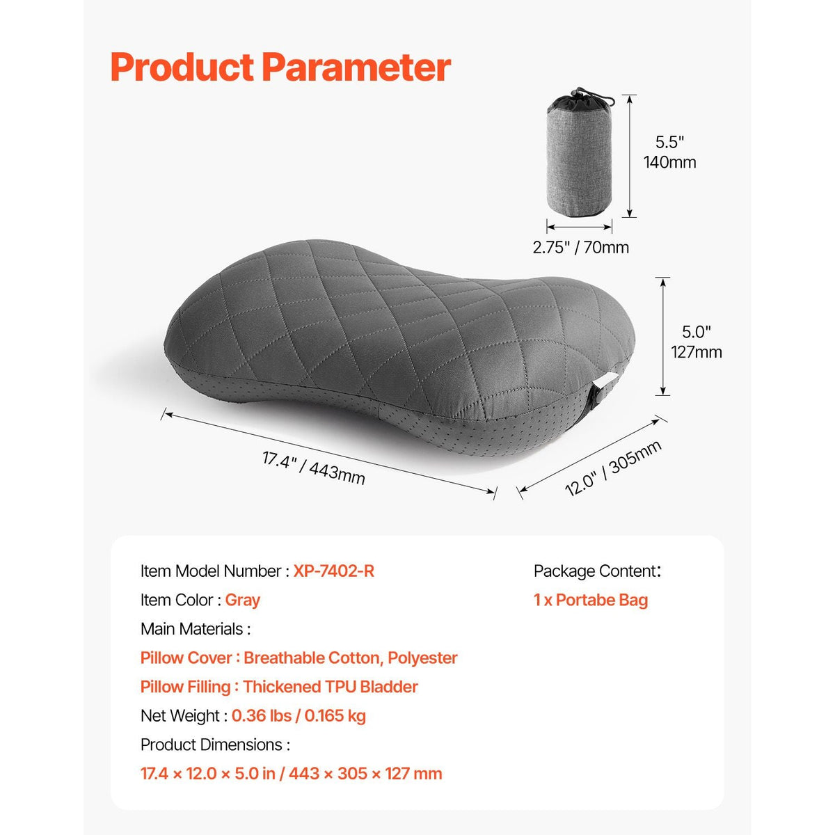 Inflatable Camping Pillow, 5-Inch Thickened Travel Pillow, Soft Backpacking Pillows with Removable & Washable Cover, Storage Bag, Lightweight and Portable for Camping, Air Travel, Hiking, Office