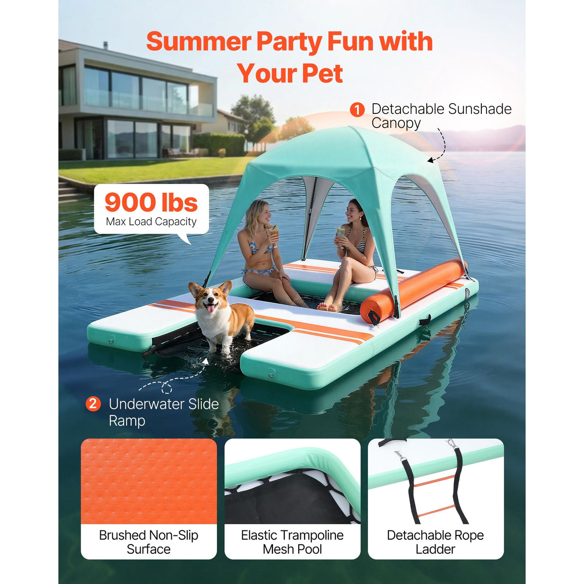 Inflatable Floating Dock, 10 x 6 FT Inflatable Dock Platform, Non-Slip Water Air Mat with Portable Carrying Bag and Detachable Ladder, Floating Water Platform Island Raft for Pool Beach Ocean