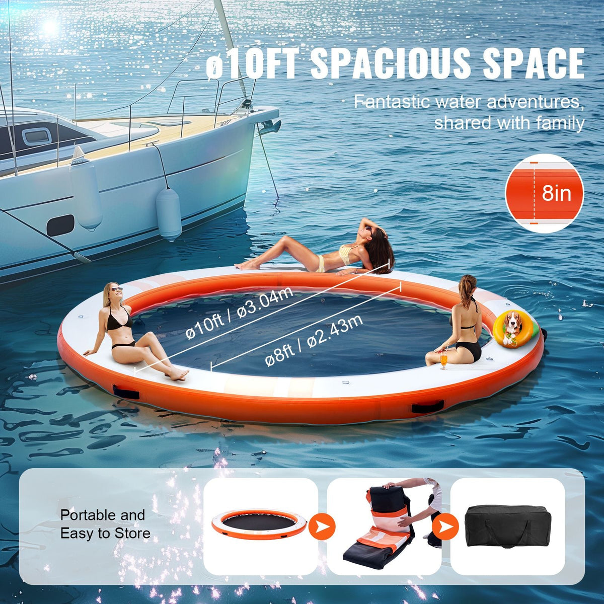 Inflatable Floating Dock, ø10FT Inflatable Dock Platform with ø8FT Trampoline Mesh Pool, Non-Slip Floating Platform Water Mat with Portable Bag & Detachable Ladder for Pool Beach Relaxation
