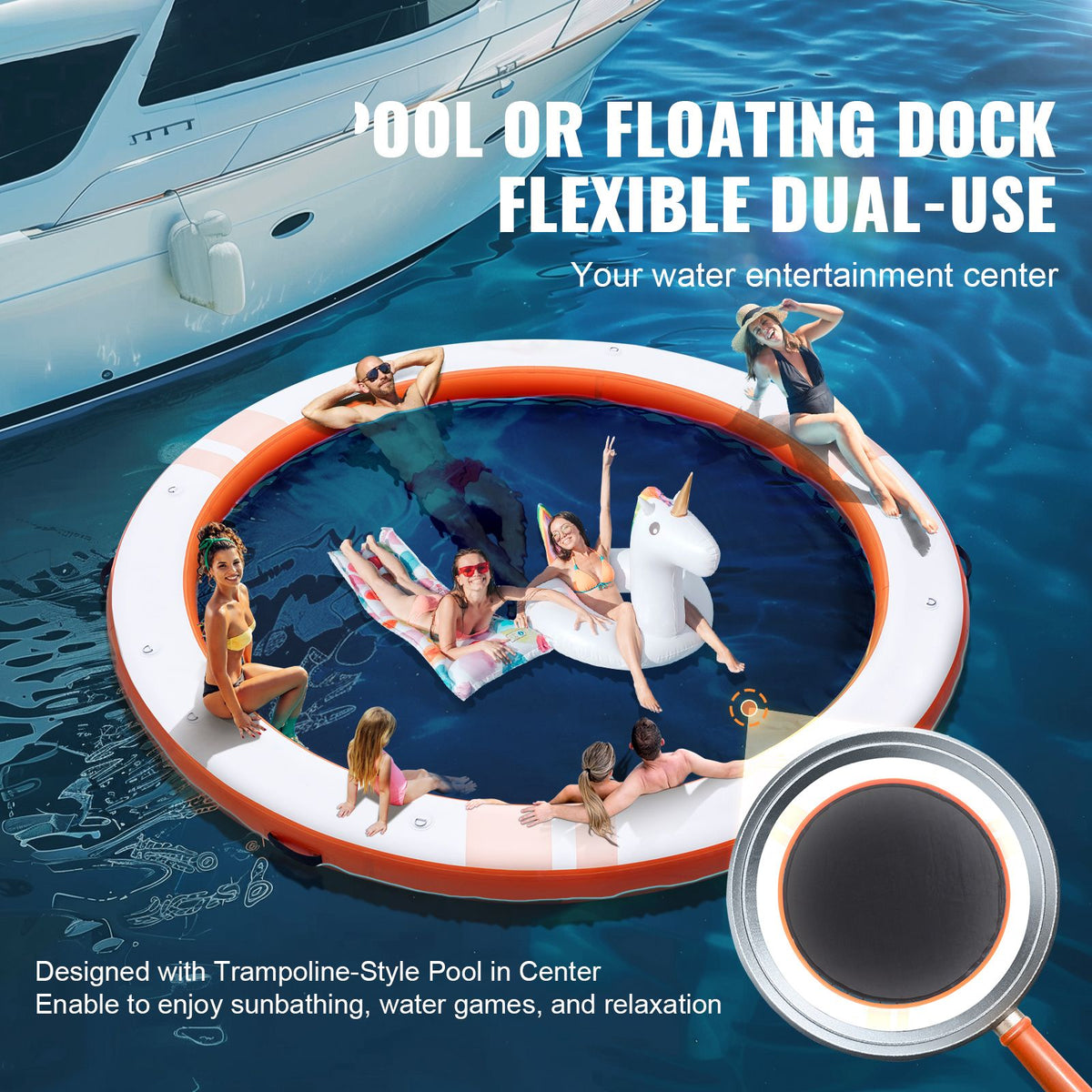 Inflatable Floating Dock, ø10FT Inflatable Dock Platform with ø8FT Trampoline Mesh Pool, Non-Slip Floating Platform Water Mat with Portable Bag & Detachable Ladder for Pool Beach Relaxation