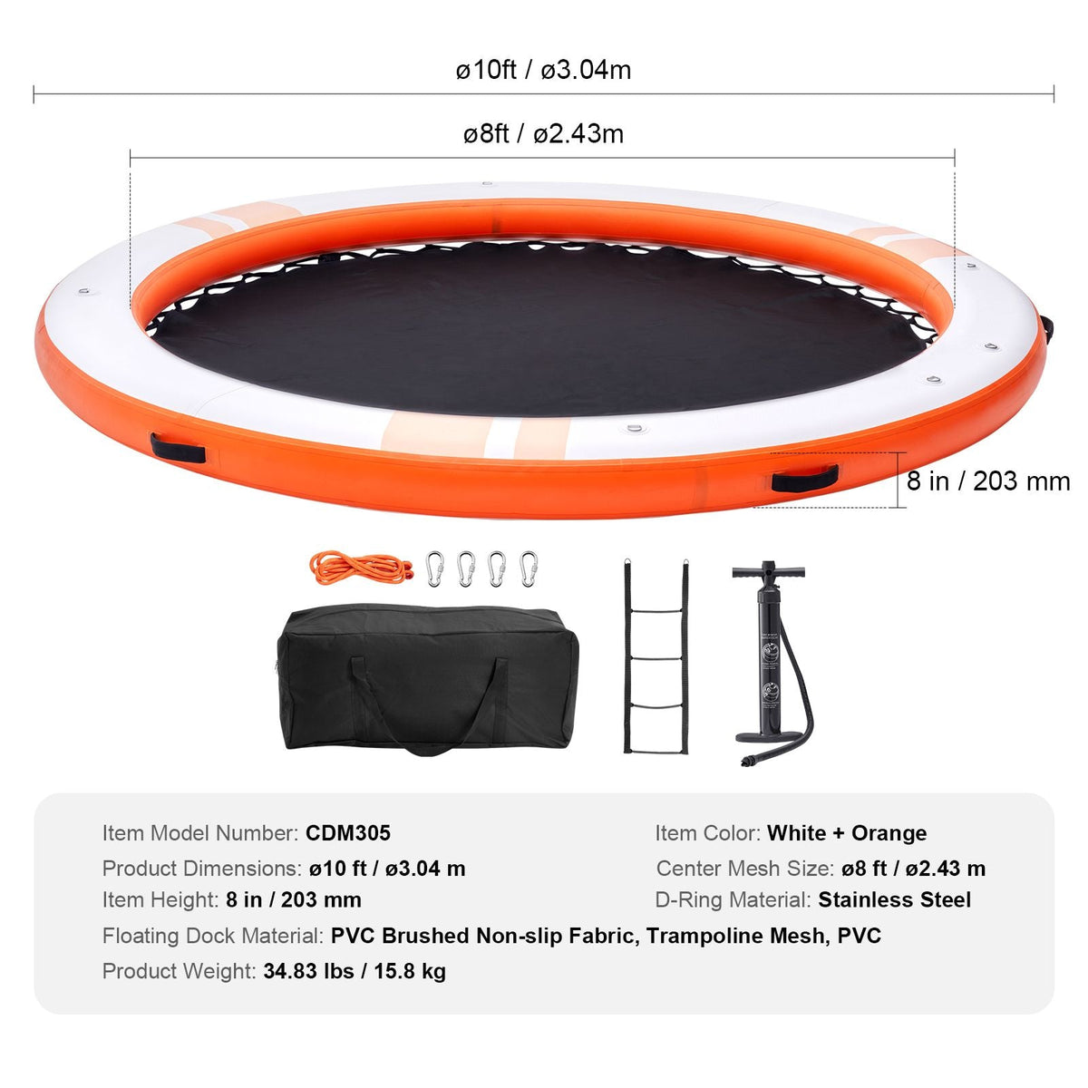 Inflatable Floating Dock, ø10FT Inflatable Dock Platform with ø8FT Trampoline Mesh Pool, Non-Slip Floating Platform Water Mat with Portable Bag & Detachable Ladder for Pool Beach Relaxation