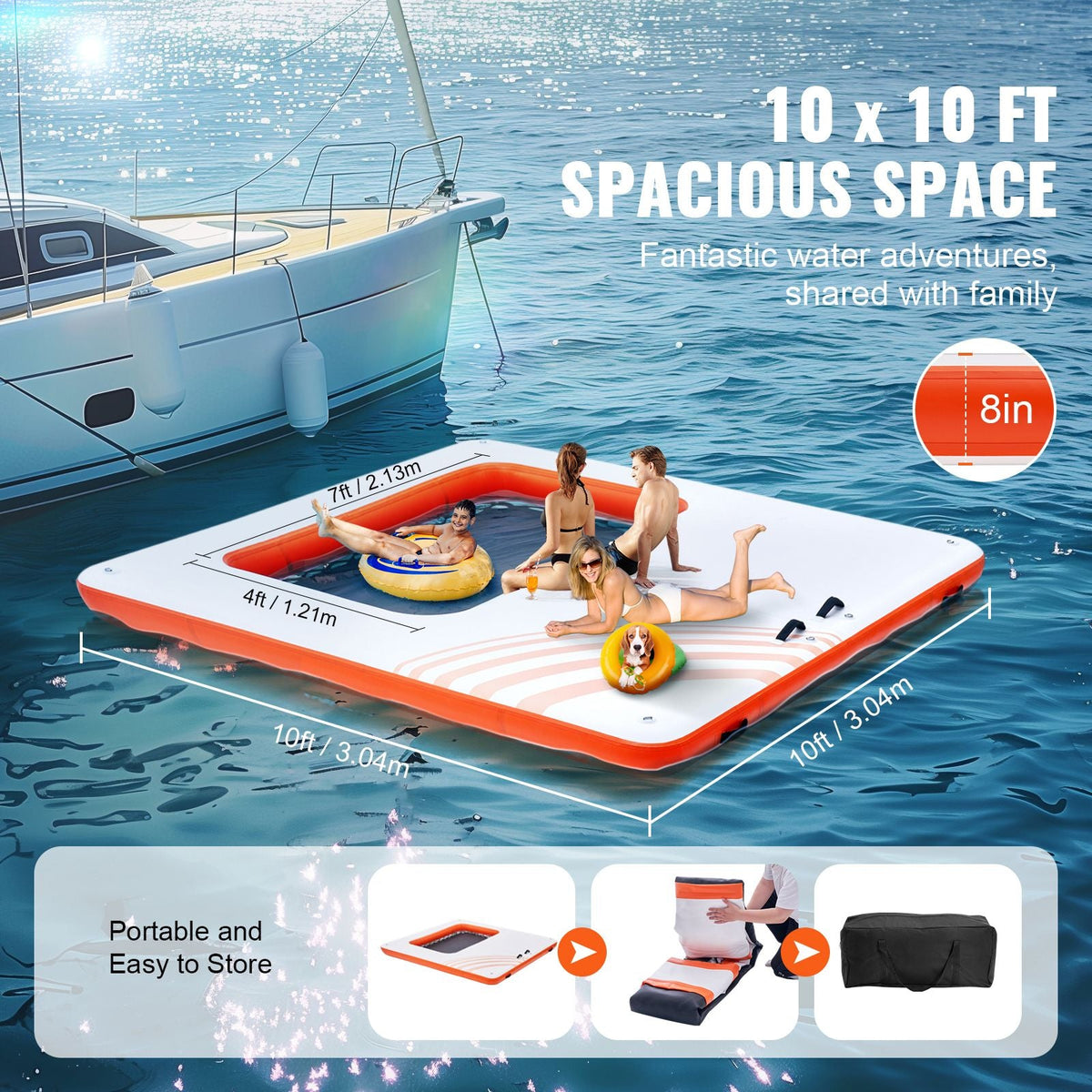 Inflatable Floating Dock, 10x10FT Inflatable Dock Platform with 4*7FT Trampoline Mesh Pool, Non-Slip Floating Platform Water Mat with Portable Bag & Detachable Ladder for Pool Beach Relaxation