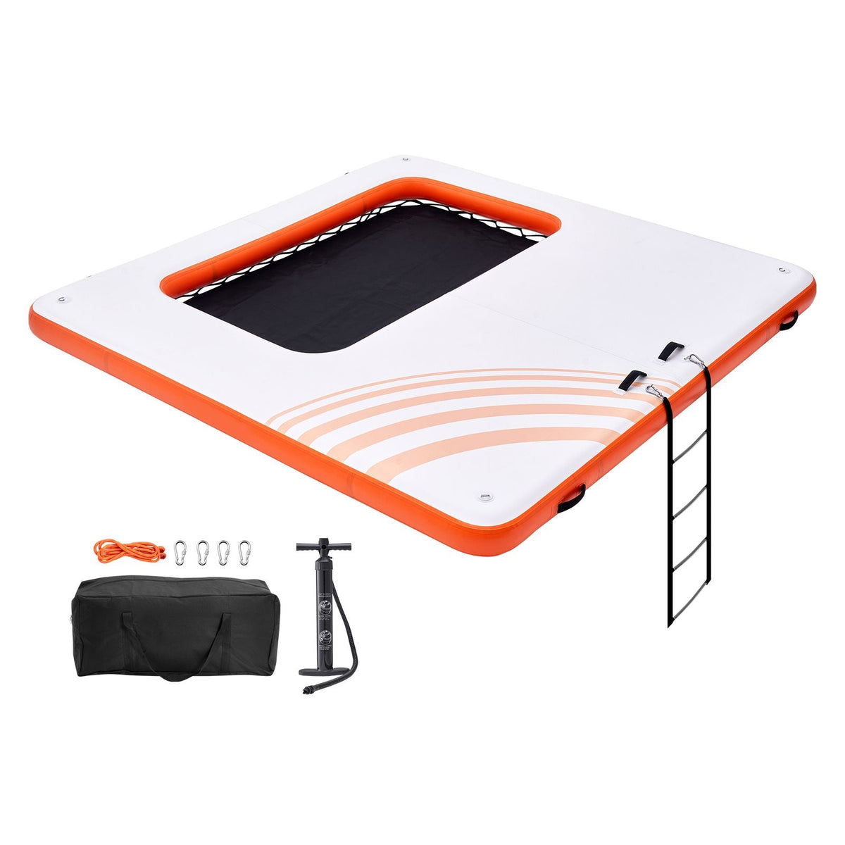 Inflatable Floating Dock, 10x10FT Inflatable Dock Platform with 4*7FT Trampoline Mesh Pool, Non-Slip Floating Platform Water Mat with Portable Bag & Detachable Ladder for Pool Beach Relaxation