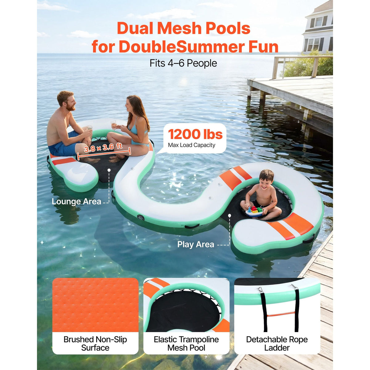 Inflatable Floating Dock, 15 x 6 FT Inflatable Dock Platform, Non-Slip Water Air Mat with Portable Carrying Bag and Detachable Ladder, Floating Water Platform Island Raft for Pool Beach Ocean