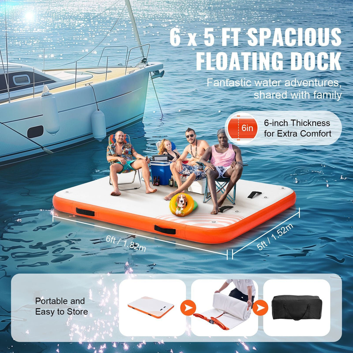Inflatable Floating Dock, 6 x 5FT Inflatable Dock Platform, Non-Slip Water Floating Dock Mat with Portable Carrying Bag & Detachable Ladder, Floating Platform Island Raft for Pool Beach Ocean