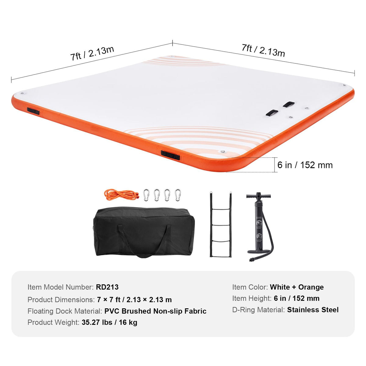 Inflatable Floating Dock, 7 x 7FT Inflatable Dock Platform, Non-Slip Water Floating Dock Mat with Portable Carrying Bag & Detachable Ladder, Floating Platform Island Raft for Pool Beach Ocean