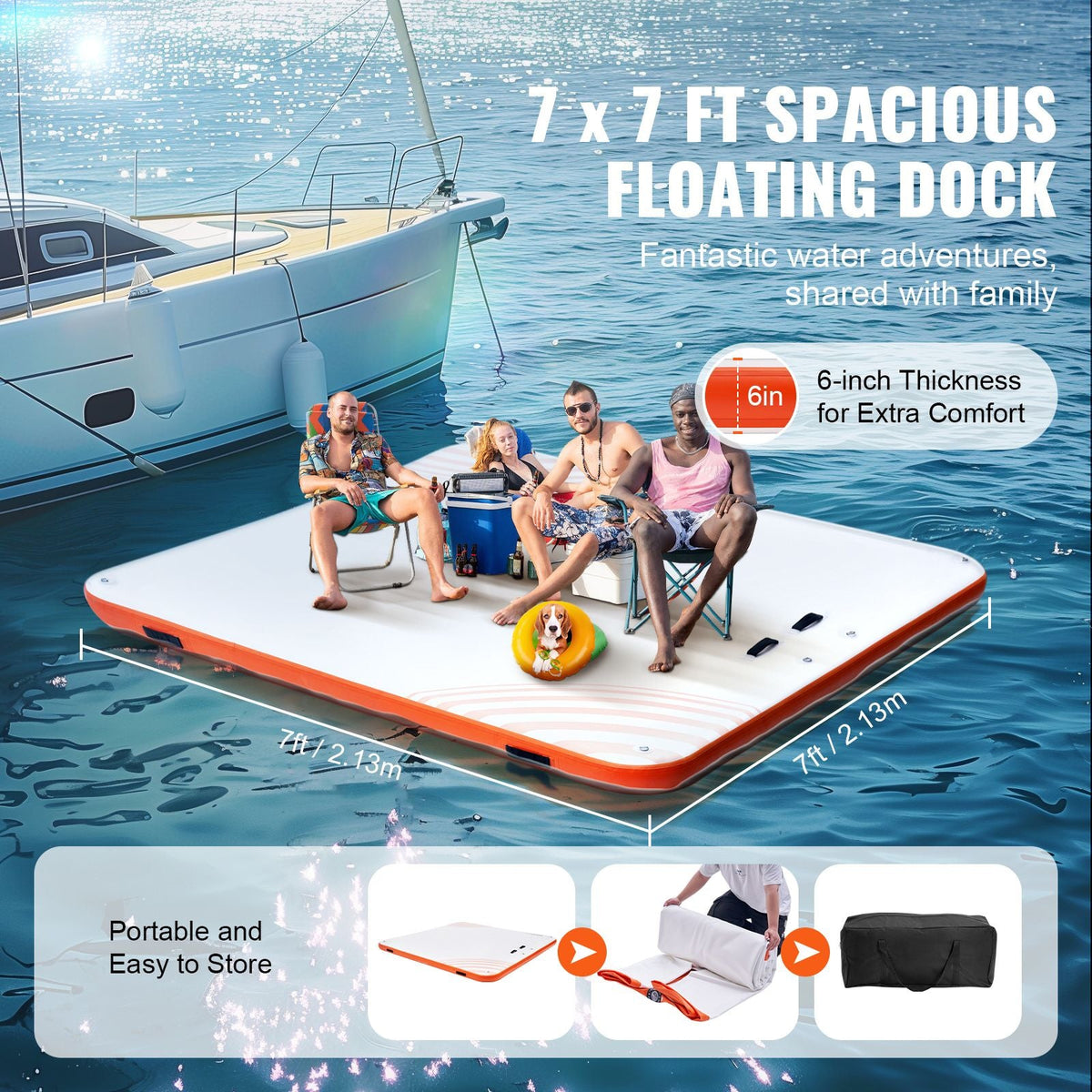 Inflatable Floating Dock, 7 x 7FT Inflatable Dock Platform, Non-Slip Water Floating Dock Mat with Portable Carrying Bag & Detachable Ladder, Floating Platform Island Raft for Pool Beach Ocean