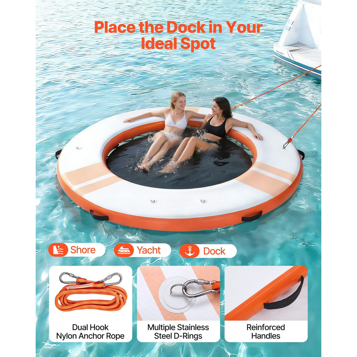 Inflatable Floating Dock, 8 FT Inflatable Dock Platform, Non-Slip Water Air Mat with Portable Carrying Bag and Detachable Ladder, Floating Water Platform Island Raft for Pool Beach Ocean, Orange