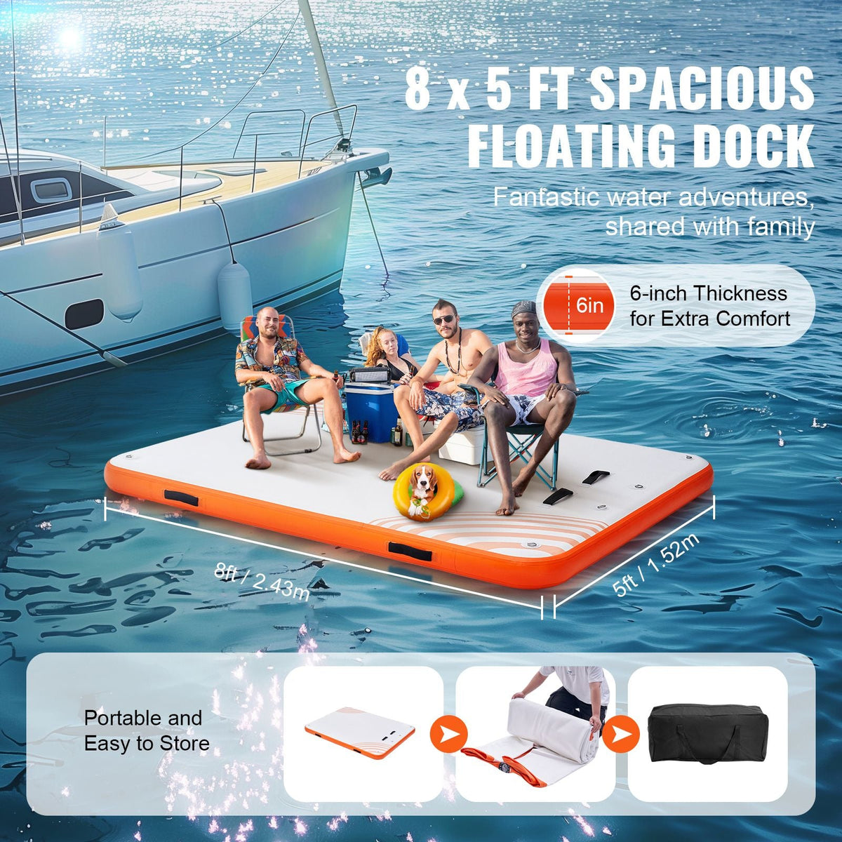 Inflatable Floating Dock, 8 x 5FT Inflatable Dock Platform, Non-Slip Water Floating Dock Mat with Portable Carrying Bag & Detachable Ladder, Floating Platform Island Raft for Pool Beach Ocean