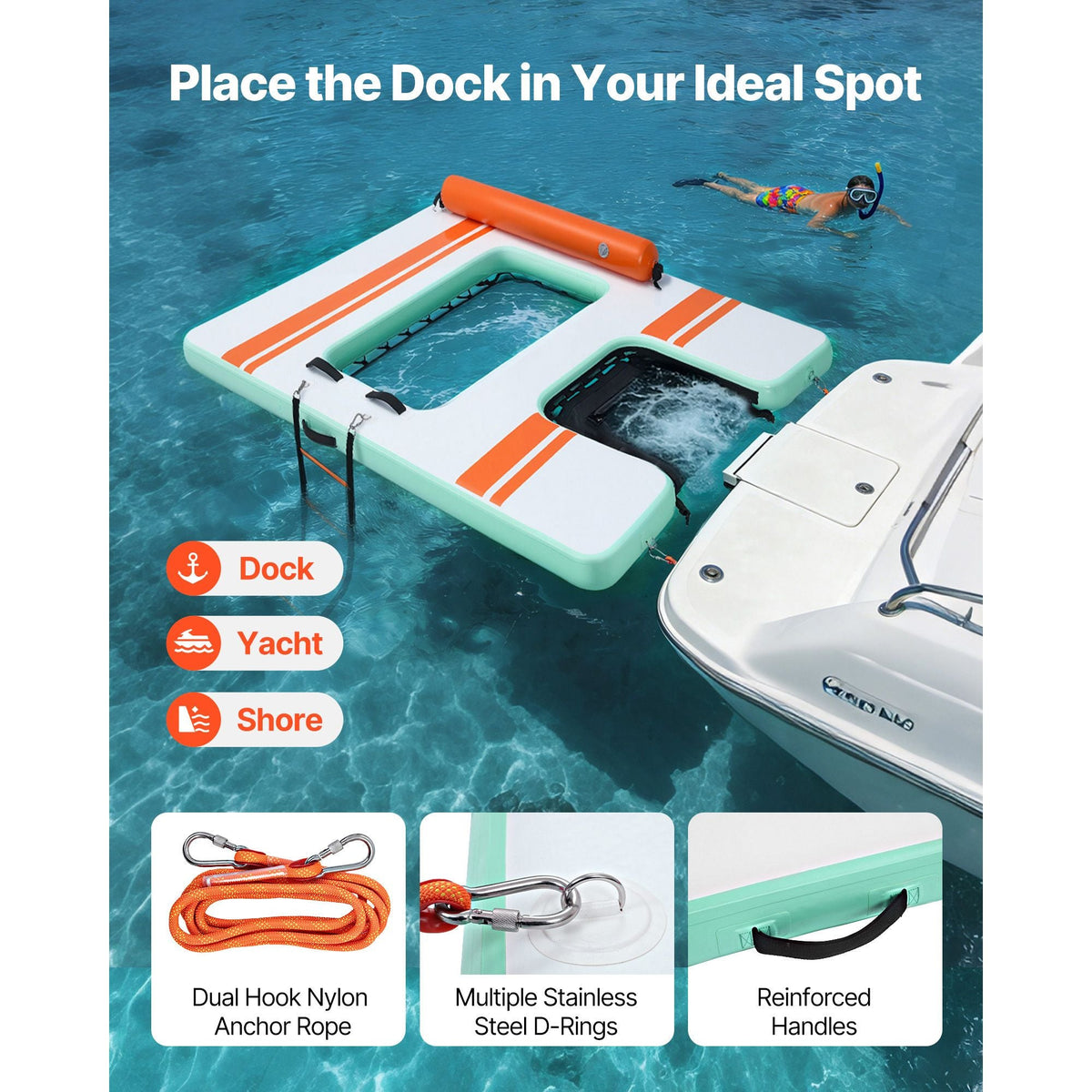 Inflatable Floating Dock, 8 x 6 FT Inflatable Dock Platform, Non-Slip Water Air Mat with Portable Carrying Bag and Detachable Ladder, Floating Water Platform Island Raft for Pool Beach Ocean