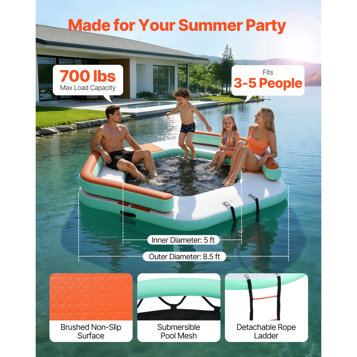 Inflatable Floating Dock, 8.5 x 8.5 FT Inflatable Dock Platform, Non-Slip Water Air Mat with Portable Carrying Bag and Detachable Ladder, Floating Water Platform Island Raft for Pool Beach Ocean