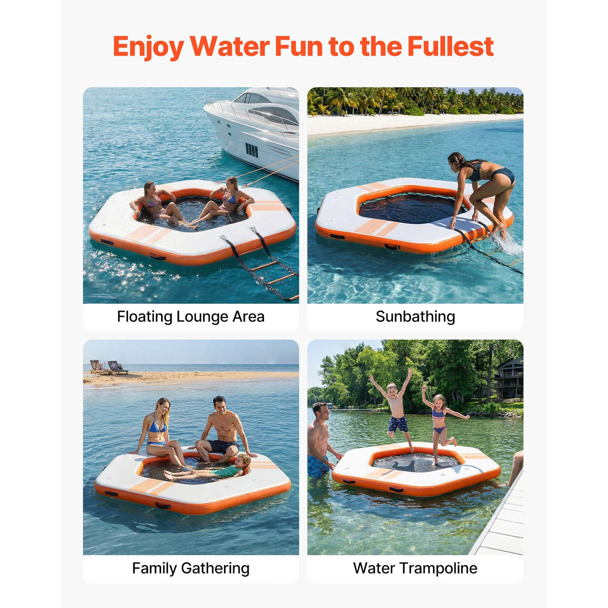 Inflatable Floating Dock, 8.5x8.5 FT Inflatable Dock Platform, Non-Slip Water Mat with Portable Carrying Bag & Detachable Ladder, Floating Water Platform Island Raft for Pool Beach Ocean, Orange