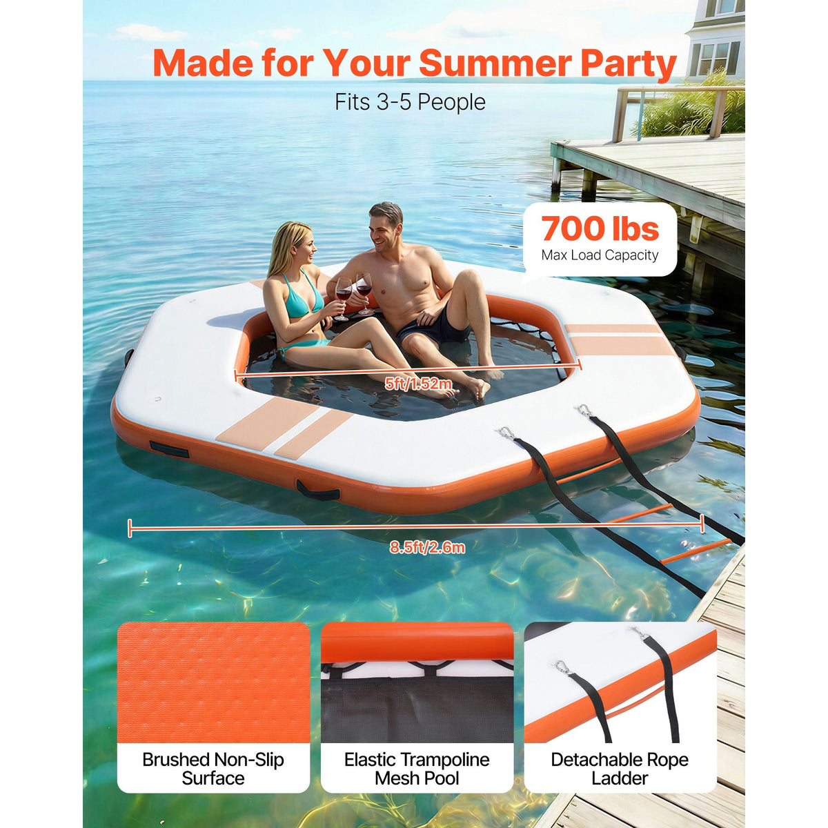 Inflatable Floating Dock, 8.5x8.5 FT Inflatable Dock Platform, Non-Slip Water Mat with Portable Carrying Bag & Detachable Ladder, Floating Water Platform Island Raft for Pool Beach Ocean, Orange