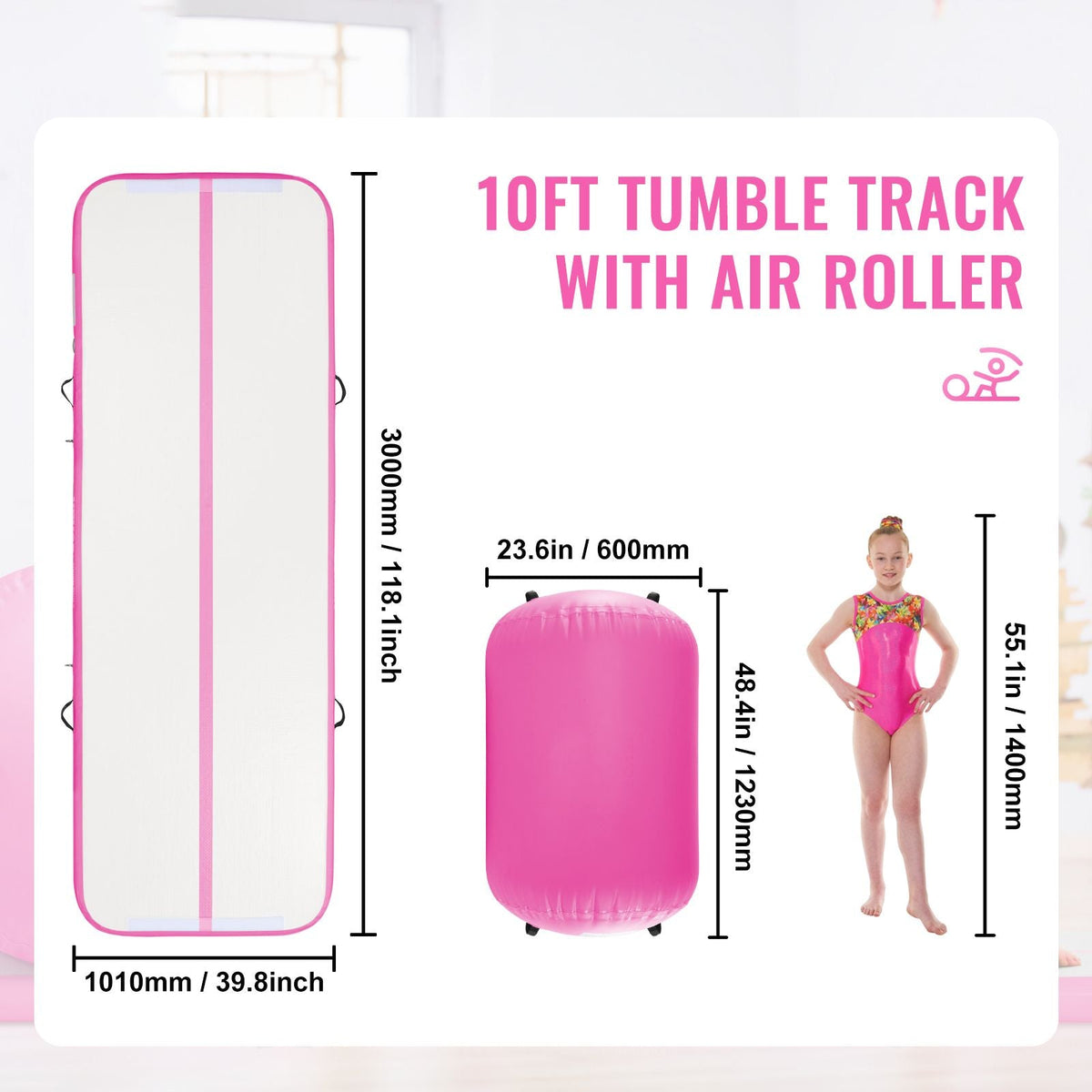 Inflatable Gymnastics Air Mat Set, 2 PCS Tumbling Mat, Tumble Track with Electric Pump, Air Roller Barrel Gymnastics Equipment, Training Mats for Home Use/Gym/Yoga/Cheerleading/Beach/Park/Water