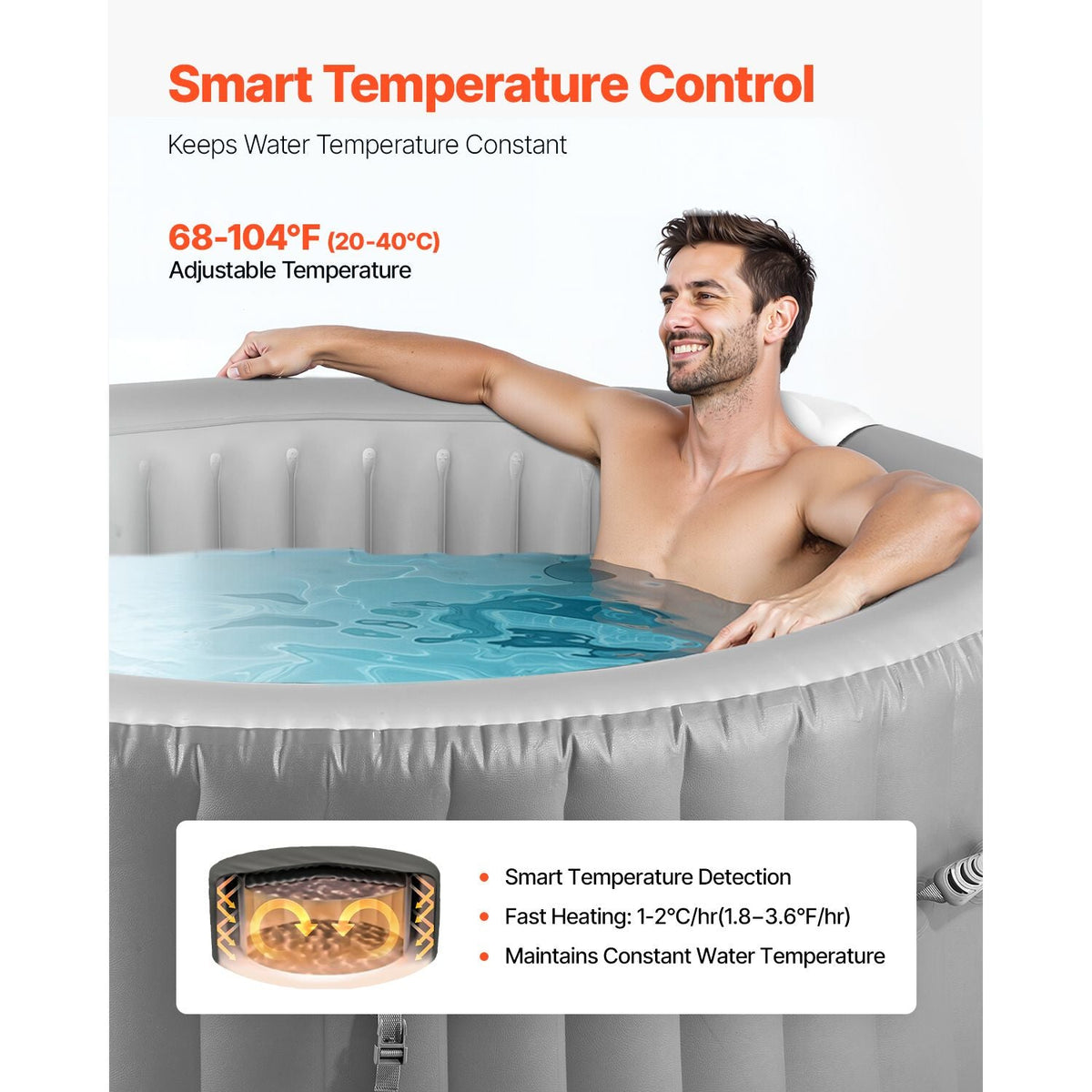 Inflatable Hot Tub, 4 to 6 Person Capacity, 81.9 x 26in Round Portable Outdoor Spa, with 130 Soothing Jets, Headrest, LED Light, Cover, Multi-function Control Panel, PVC Outdoor Hot Tub, Grey