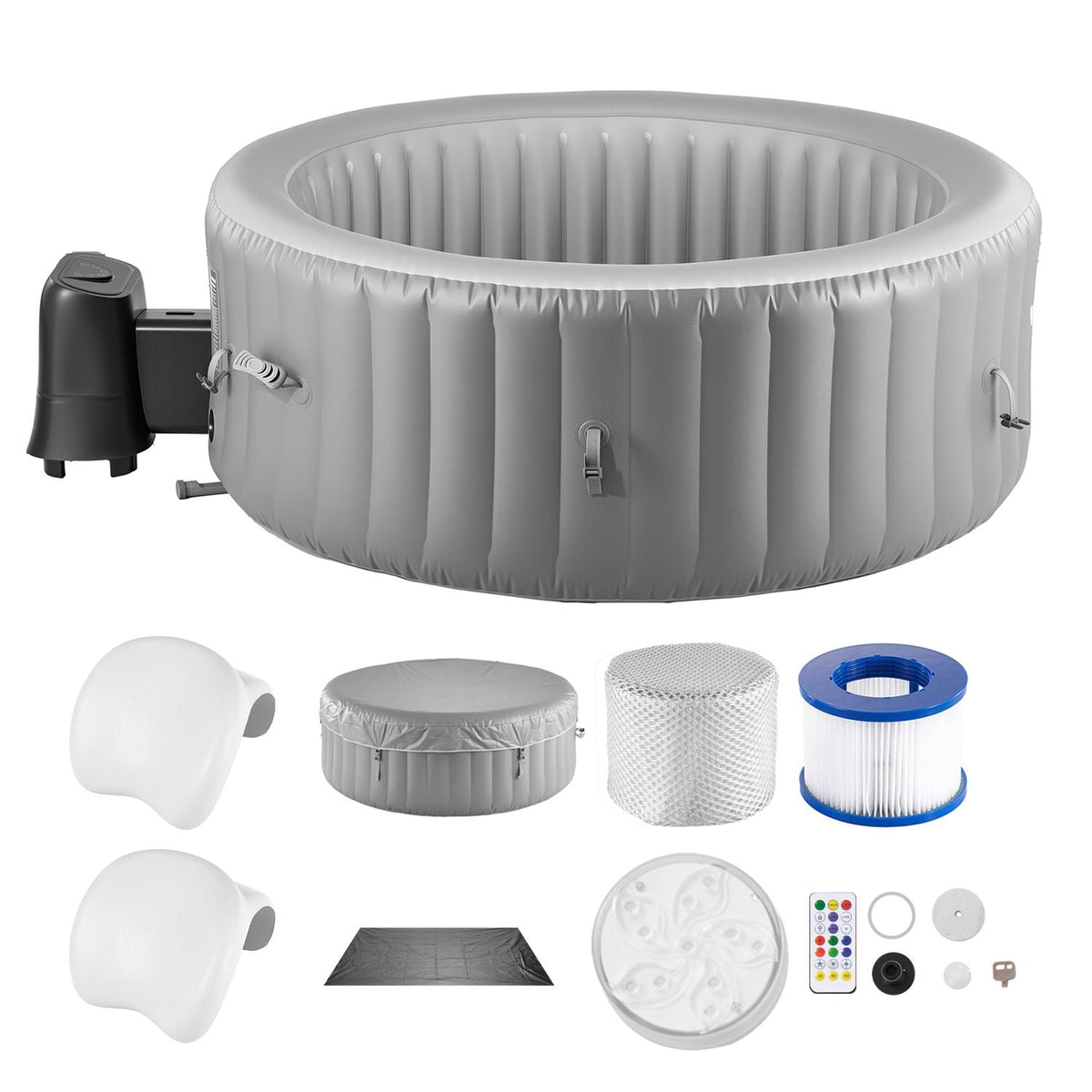 Inflatable Hot Tub, 4 to 6 Person Capacity, 81.9 x 26in Round Portable Outdoor Spa, with 130 Soothing Jets, Headrest, LED Light, Cover, Multi-function Control Panel, PVC Outdoor Hot Tub, Grey