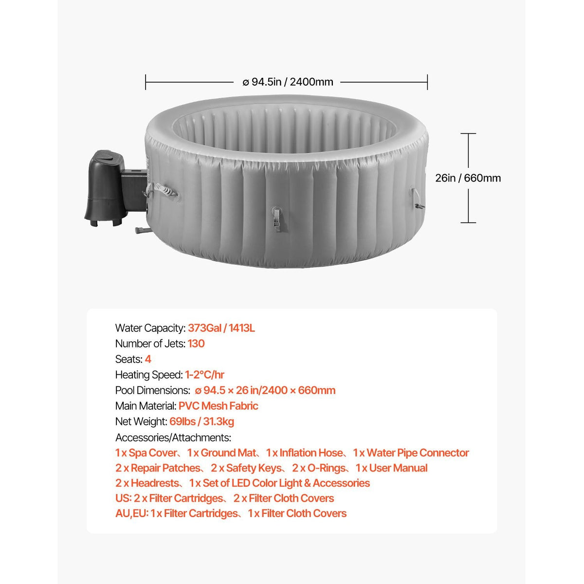 Inflatable Hot Tub, 6 to 8 Person Capacity, 94.5 x 26in Round Portable Outdoor Spa, with 130 Soothing Jets, Headrest, LED Light, Cover, Multi-function Control Panel, PVC Outdoor Hot Tub, Grey