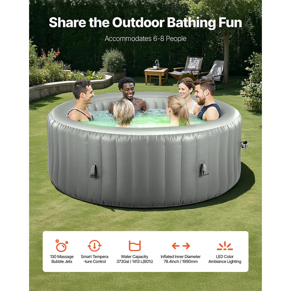 Inflatable Hot Tub, 6 to 8 Person Capacity, 94.5 x 26in Round Portable Outdoor Spa, with 130 Soothing Jets, Headrest, LED Light, Cover, Multi-function Control Panel, PVC Outdoor Hot Tub, Grey
