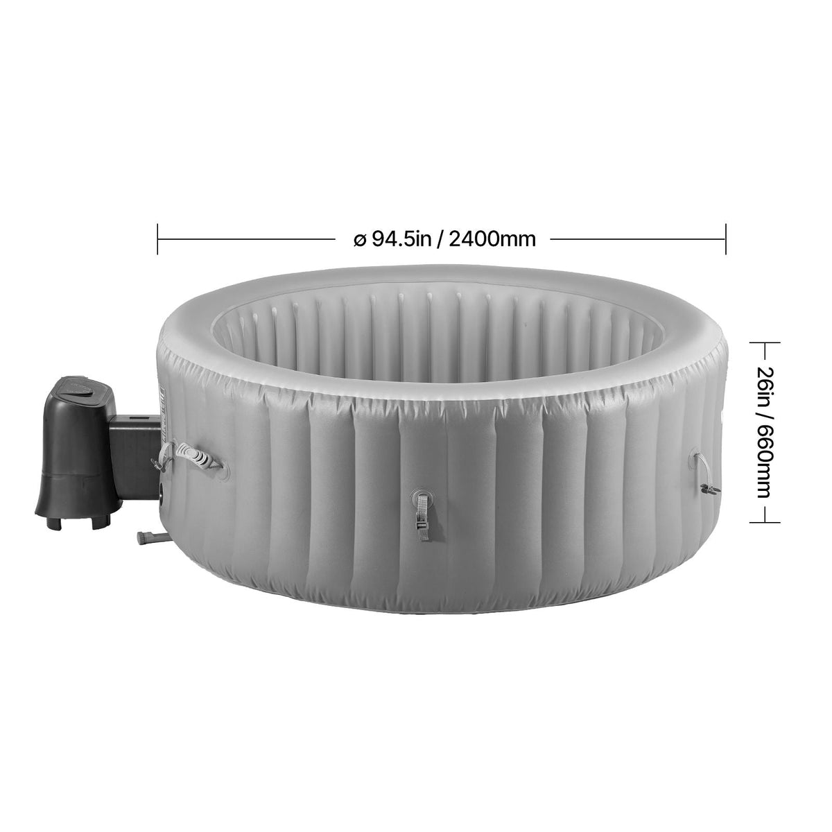 Inflatable Hot Tub, 6 to 8 Person Capacity, 94.5 x 26in Round Portable Outdoor Spa, with 130 Soothing Jets, Headrest, LED Light, Cover, Multi-function Control Panel, PVC Outdoor Hot Tub, Grey