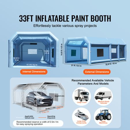 Inflatable Paint Booth, 29.5 x 15.7 x 11.8 ft Inflatable Spray Booth, with 950W+750W Powerful Blowers and Air Filter System, Portable Car Paint Booth for Large Truck, Large Van, Large Machinery