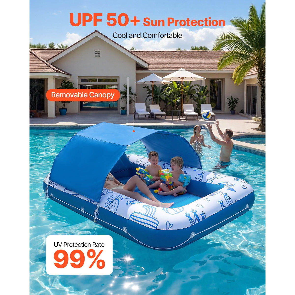 Inflatable Pool Float with UPF 50+ Canopy, 82" x 55" Large Tanning Pool Floating Lounger for Adults, 550LBS Capacity Sunbathing Lounger Floaties with Pillow, Phone & Cup Holder for Water Fun