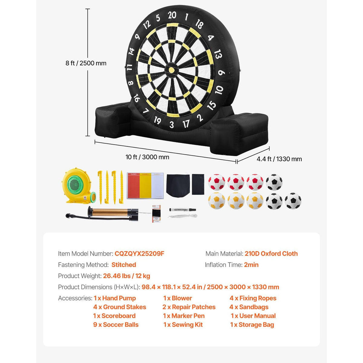 Inflatable Soccer Dart Board, over 8 ft High Giant Soccer Dart Board with 9 Kick Balls & Air Pump, 2-Minutes Setup & Storage Bag for Easy Carrying, for Giant Yard Games, Giant Kick Darts Game