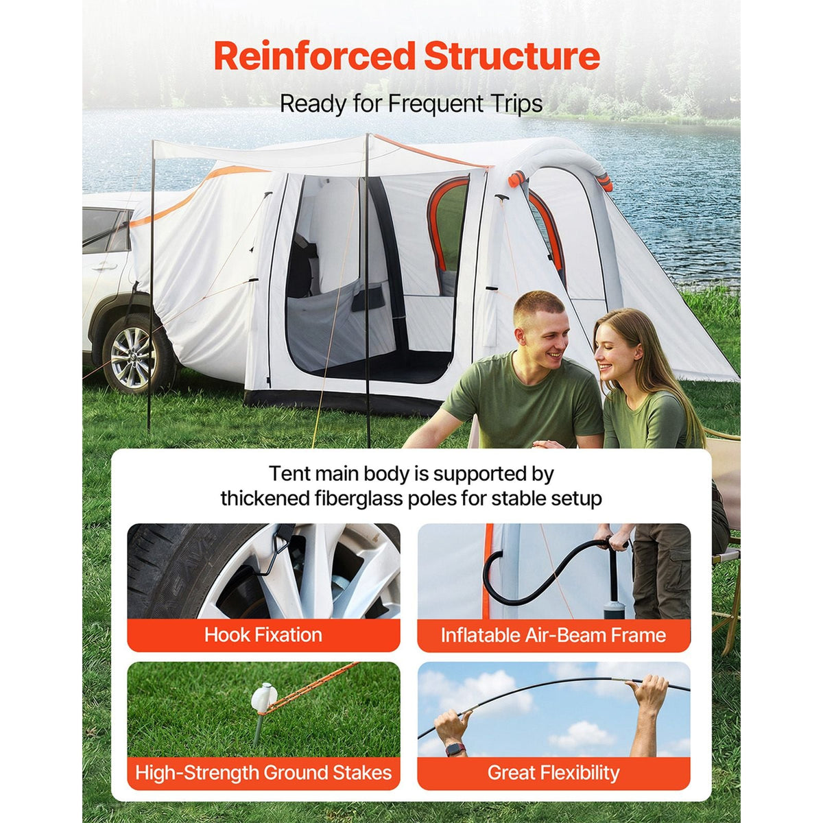 Inflatable SUV Tent with Awning, 8 x 6.7 ft 3-Season SUV Tailgate Tent with Ventilated Doors & Mesh Window, PU2000mm Waterproof Car Rear Hatch Tents for Outdoor Camping - Air Pump Included