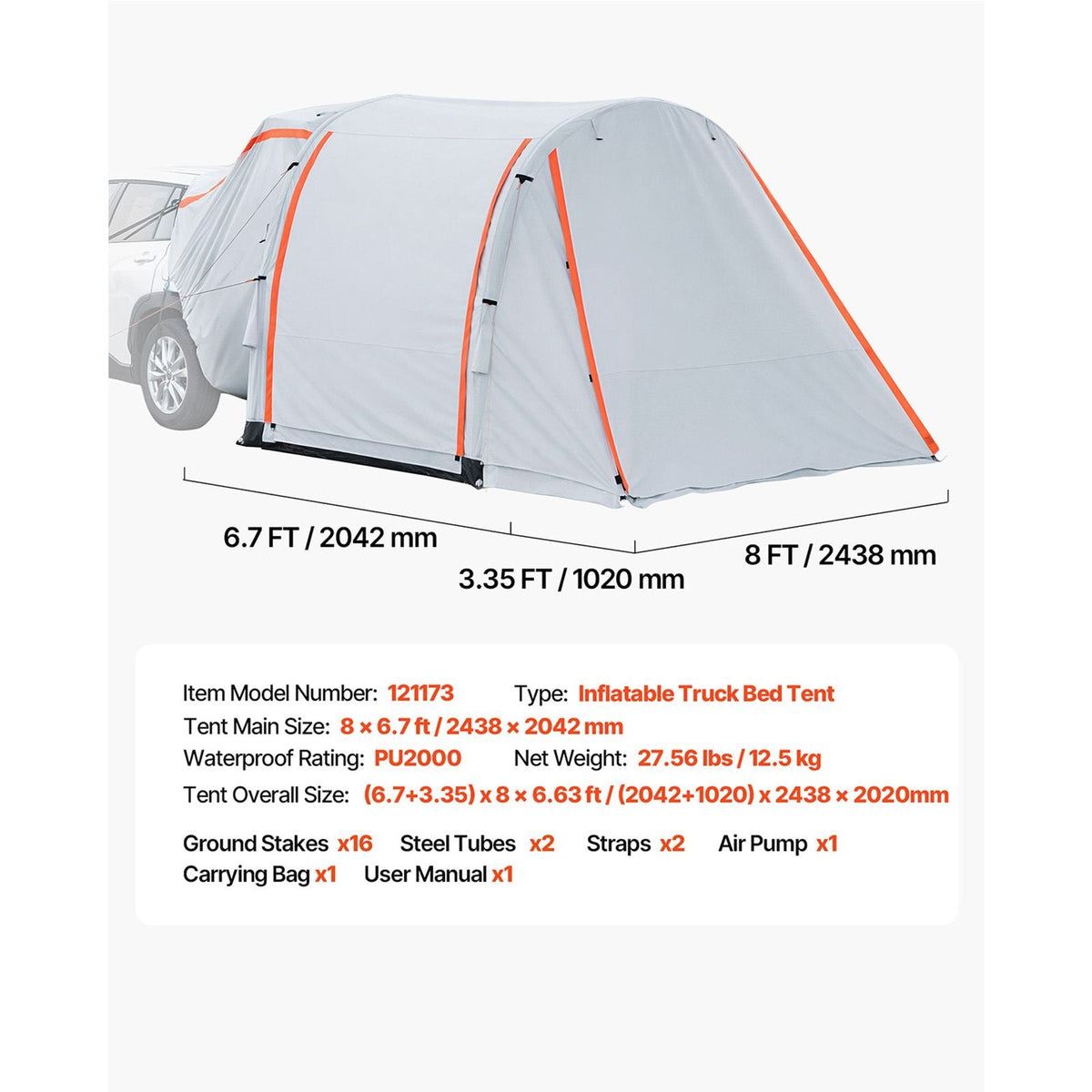 Inflatable SUV Tent with Awning, 8 x 6.7 ft 3-Season SUV Tailgate Tent with Ventilated Doors & Mesh Window, PU2000mm Waterproof Car Rear Hatch Tents for Outdoor Camping - Air Pump Included