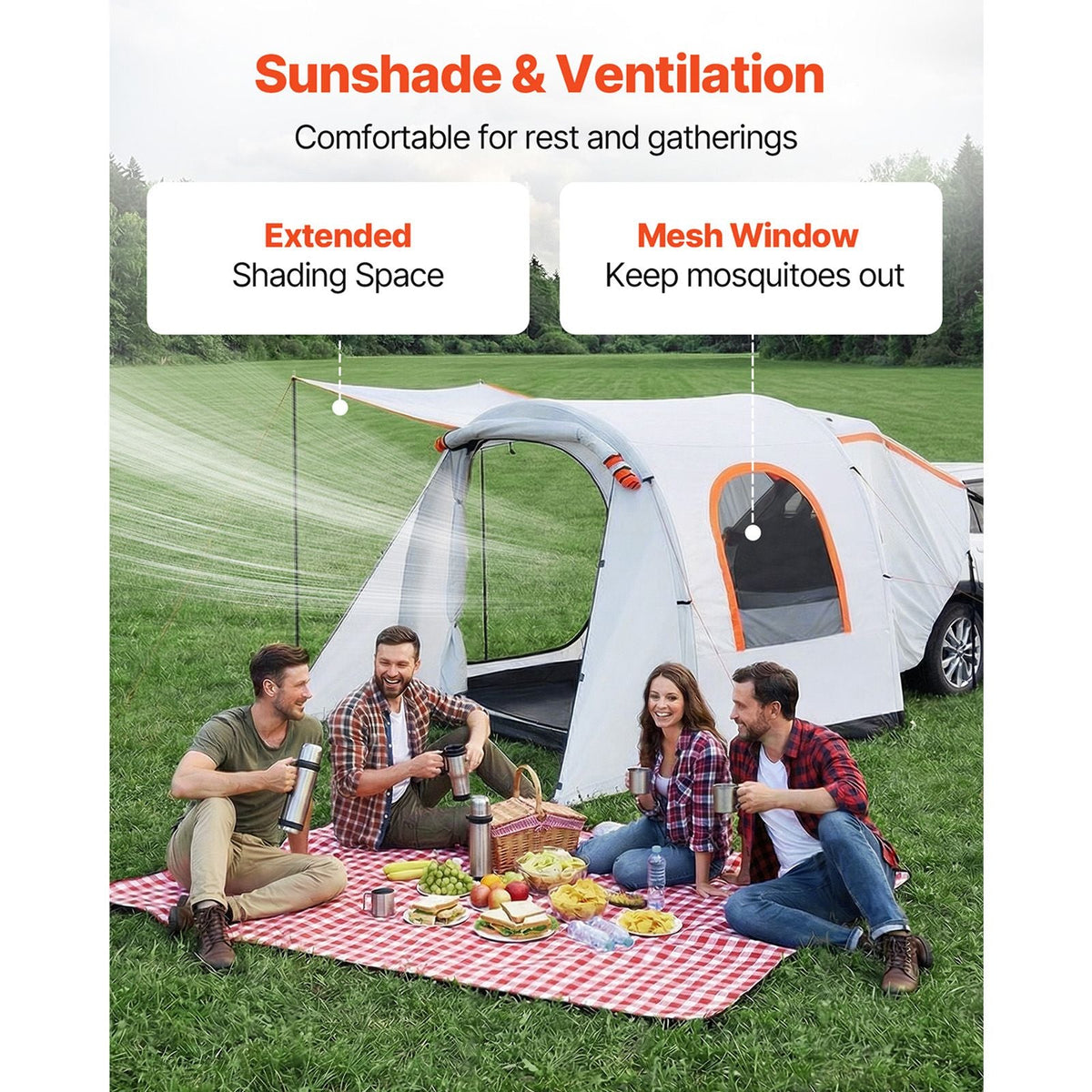 Inflatable SUV Tent with Awning, 8 x 6.7 ft 3-Season SUV Tailgate Tent with Ventilated Doors & Mesh Window, PU2000mm Waterproof Car Rear Hatch Tents for Outdoor Camping - Air Pump Included
