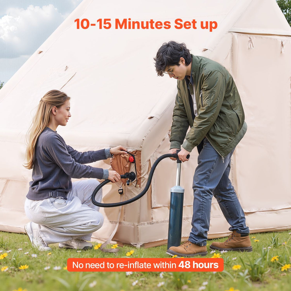 Inflatable Tents for Camping, 3-5 Person Easy Setup Blow up Tent with Hand Pump, 300D Oxford 4 Season Glamping Tent with Stove Jack 2 Doors & 2 Mesh Windows, Storage Bag Included for Easy Taking