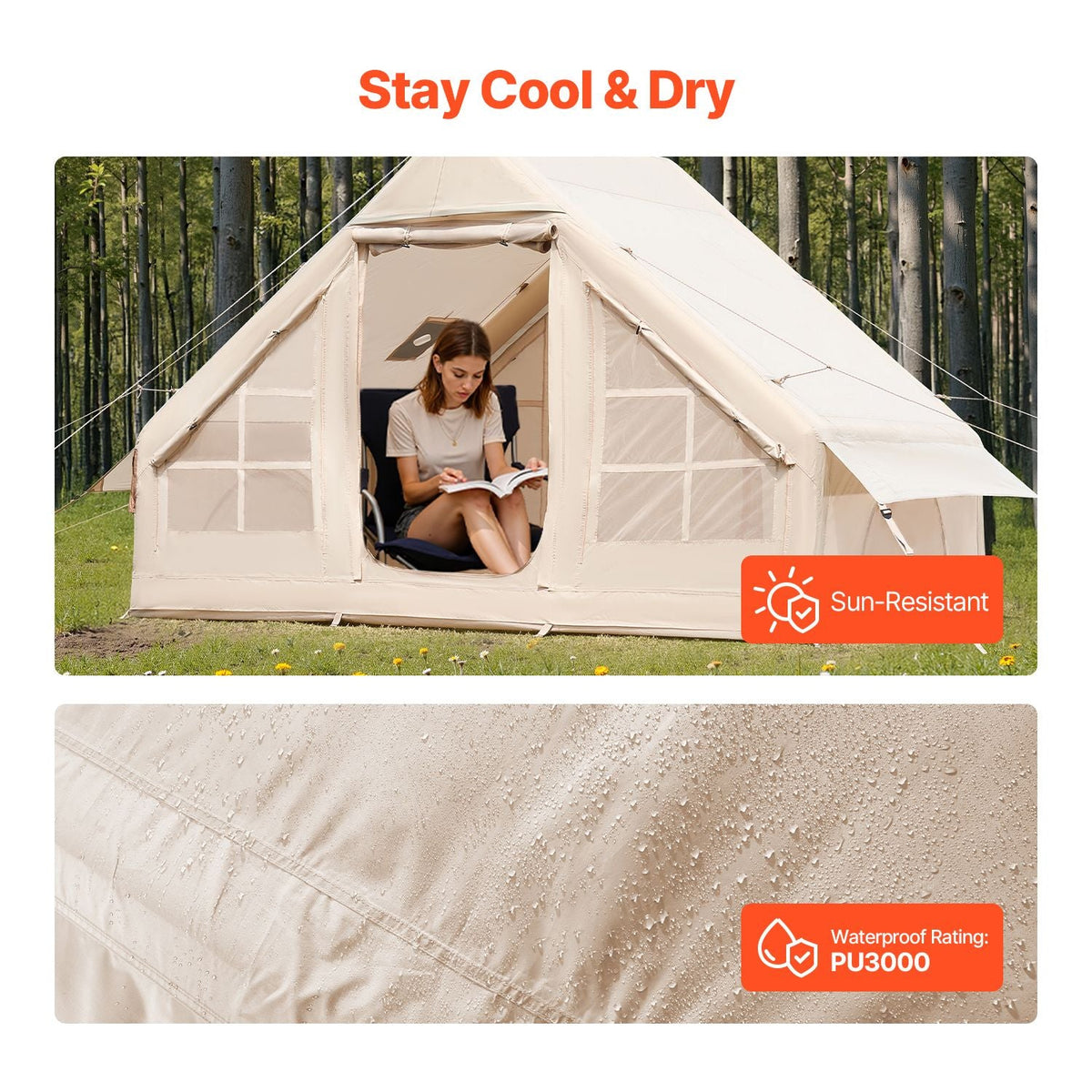 Inflatable Tents for Camping, 3-5 Person Easy Setup Blow up Tent with Hand Pump, 300D Oxford 4 Season Glamping Tent with Stove Jack 2 Doors & 2 Mesh Windows, Storage Bag Included for Easy Taking