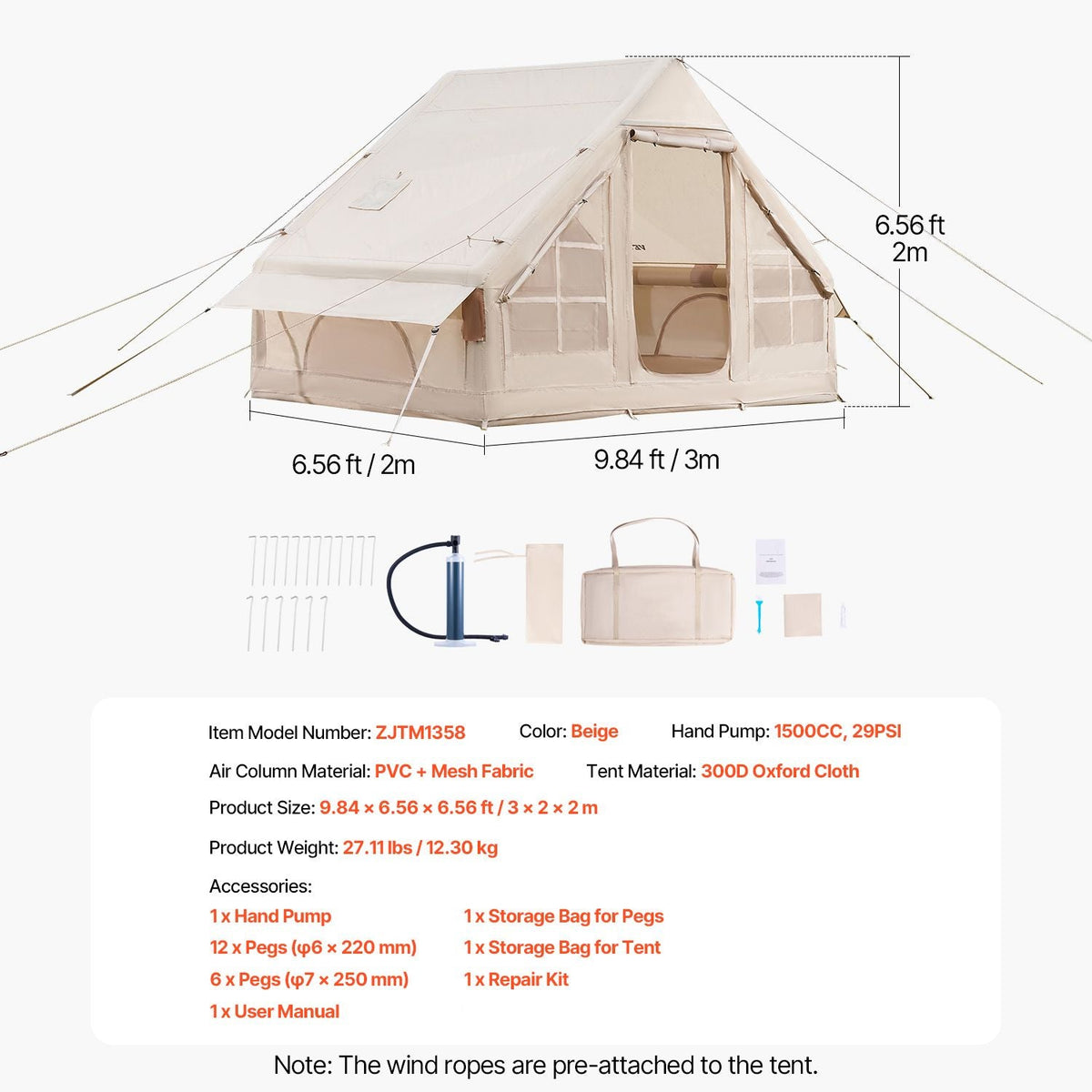 Inflatable Tents for Camping, 3-5 Person Easy Setup Blow up Tent with Hand Pump, 300D Oxford 4 Season Glamping Tent with Stove Jack 2 Doors & 2 Mesh Windows, Storage Bag Included for Easy Taking