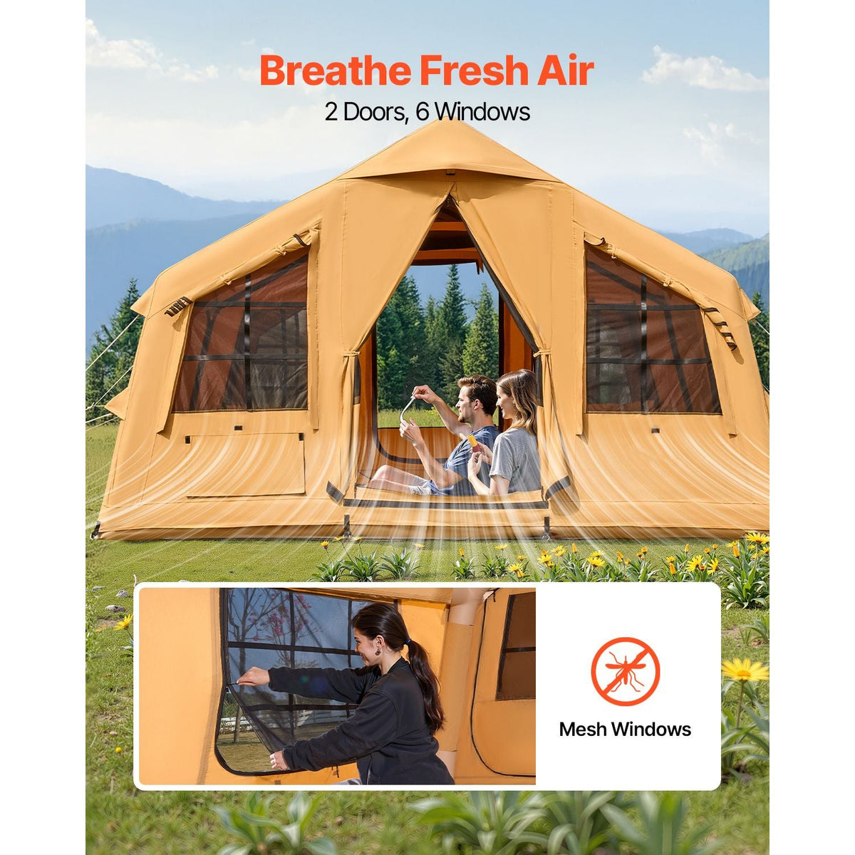 Inflatable Tents for Camping, 8-12 Person Easy Setup Blow up Tent with Hand Pump, 4 Season Luxury Glamping Tent with 2 Skylights, Canopy, Stove Jack, 2 Doors & Mesh Windows (Include Storage Bag)