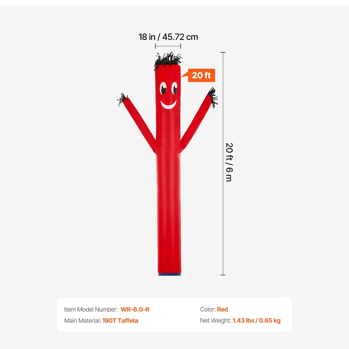 Inflatable Tube Man Attachment, 20-Feet Tall, Wacky Wavy Wind Flying Dancing Tube Guy, Arm Flailing Sky Air Puppet, 18'' for Outdoor Advertising Business Store (Blower Not Included)