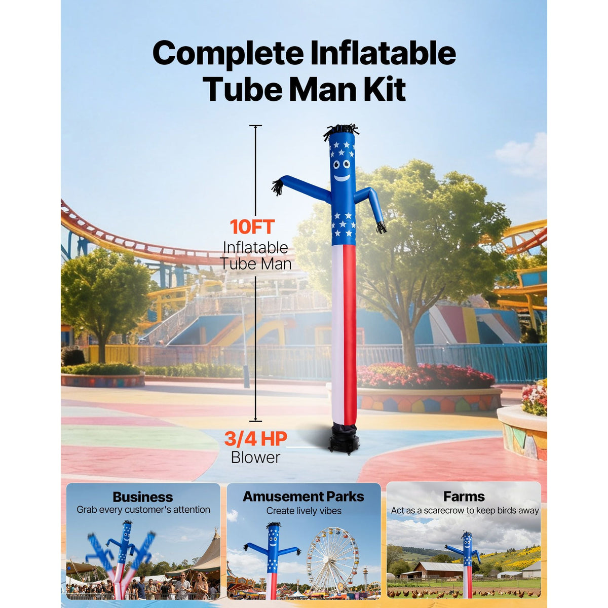 Inflatable Tube Man with Blower, 10 ft Tall, Wacky Waving Wind Flying Inflatable Dancing Tube Guy with 3/4 HP IPX3 Waterproof Blower Fan, for Outdoor Advertising Business Store Party Decoration