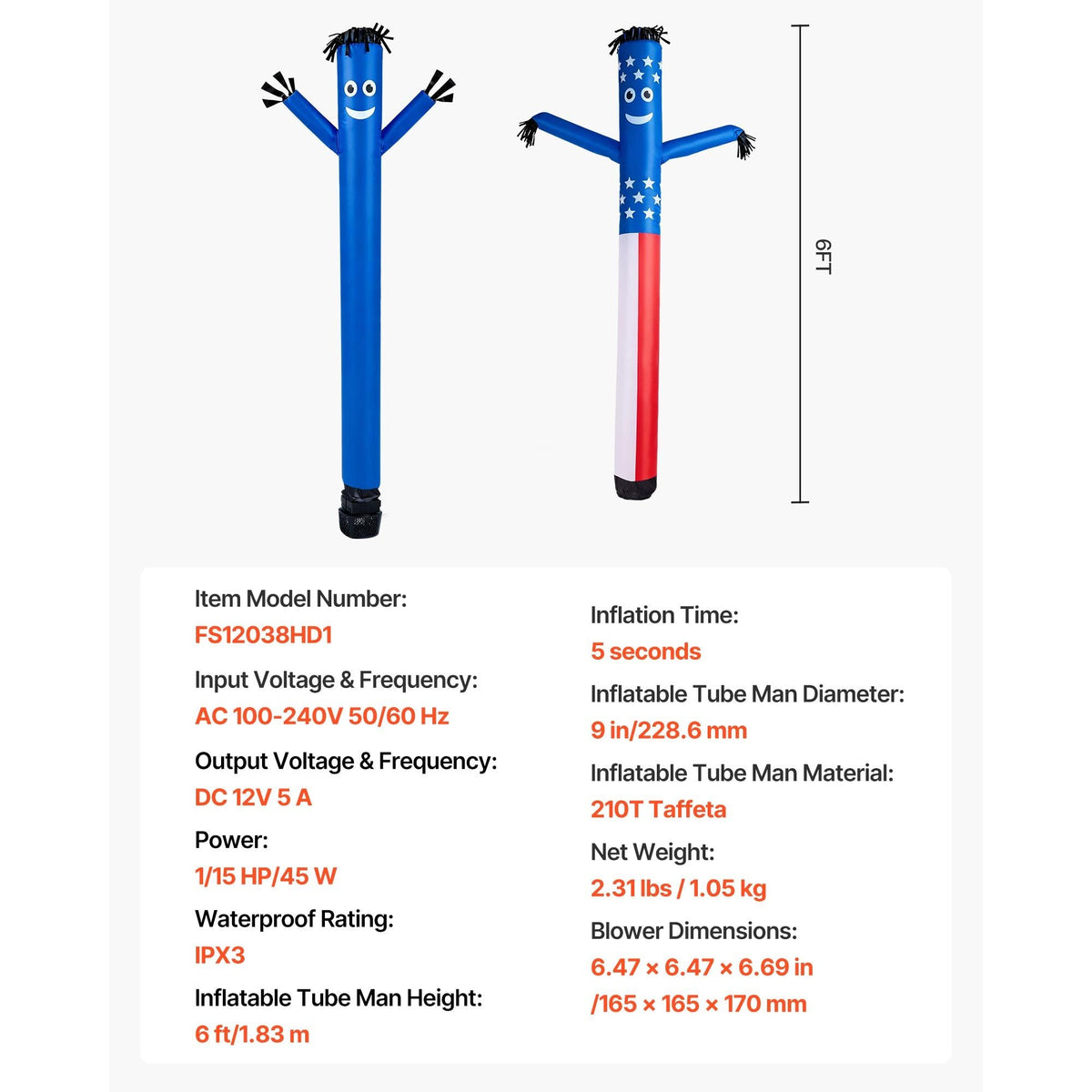Inflatable Tube Man with Blower, 6 ft Tall, Wacky Waving Wind Flying Inflatable Dancing Tube Guy with 1/15 HP IPX3 Waterproof Blower Fan, for Outdoor Advertising Business Store Party Decoration