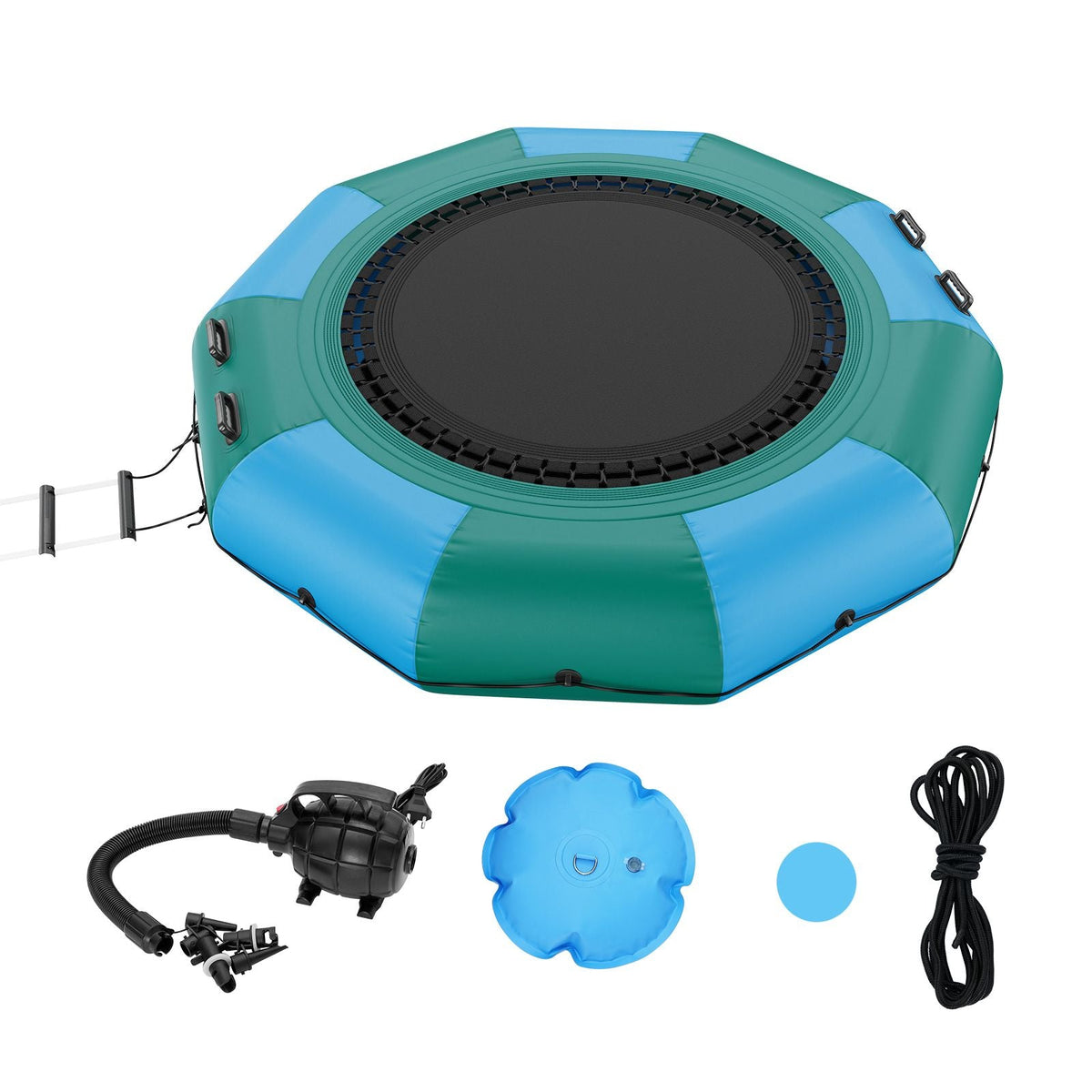 Inflatable Water Bouncer, 10ft Recreational Water Trampoline, Portable Bounce Swim Platform with 3-Step Ladder & Electric Air Pump, Kids Adults Floating Rebounder for Pool, Lake, Water Sports