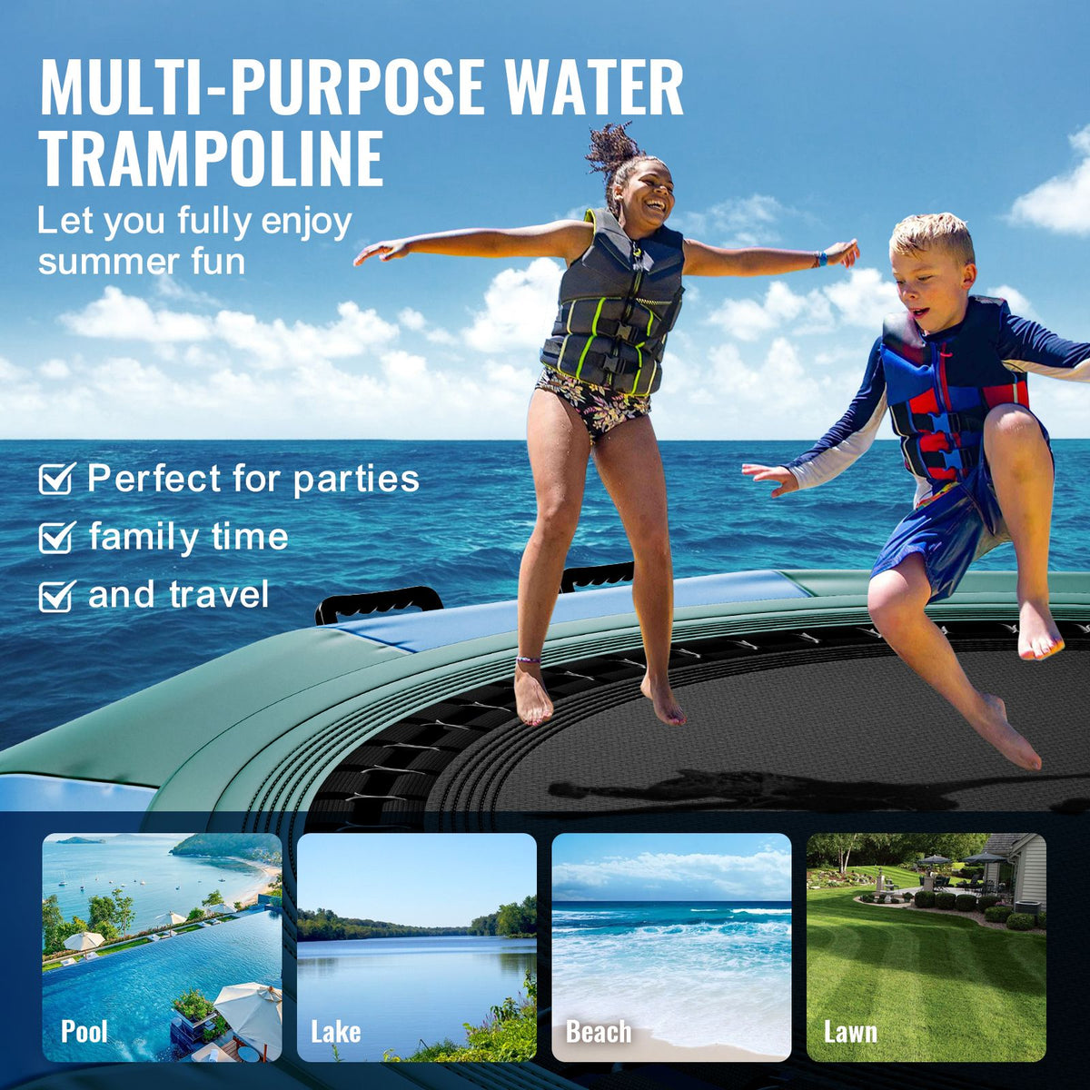 Inflatable Water Bouncer, 10ft Recreational Water Trampoline, Portable Bounce Swim Platform with 3-Step Ladder & Electric Air Pump, Kids Adults Floating Rebounder for Pool, Lake, Water Sports