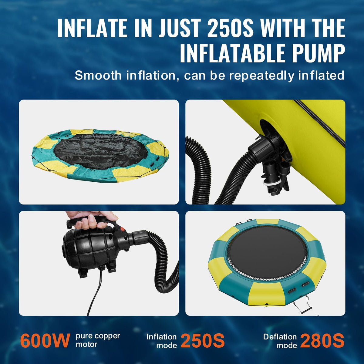 Inflatable Water Bouncer, 12ft Recreational Water Trampoline, Portable Bounce Swim Platform with 3-Step Ladder & Electric Air Pump, Kids Adults Floating Rebounder for Pool, Lake, Water Sports