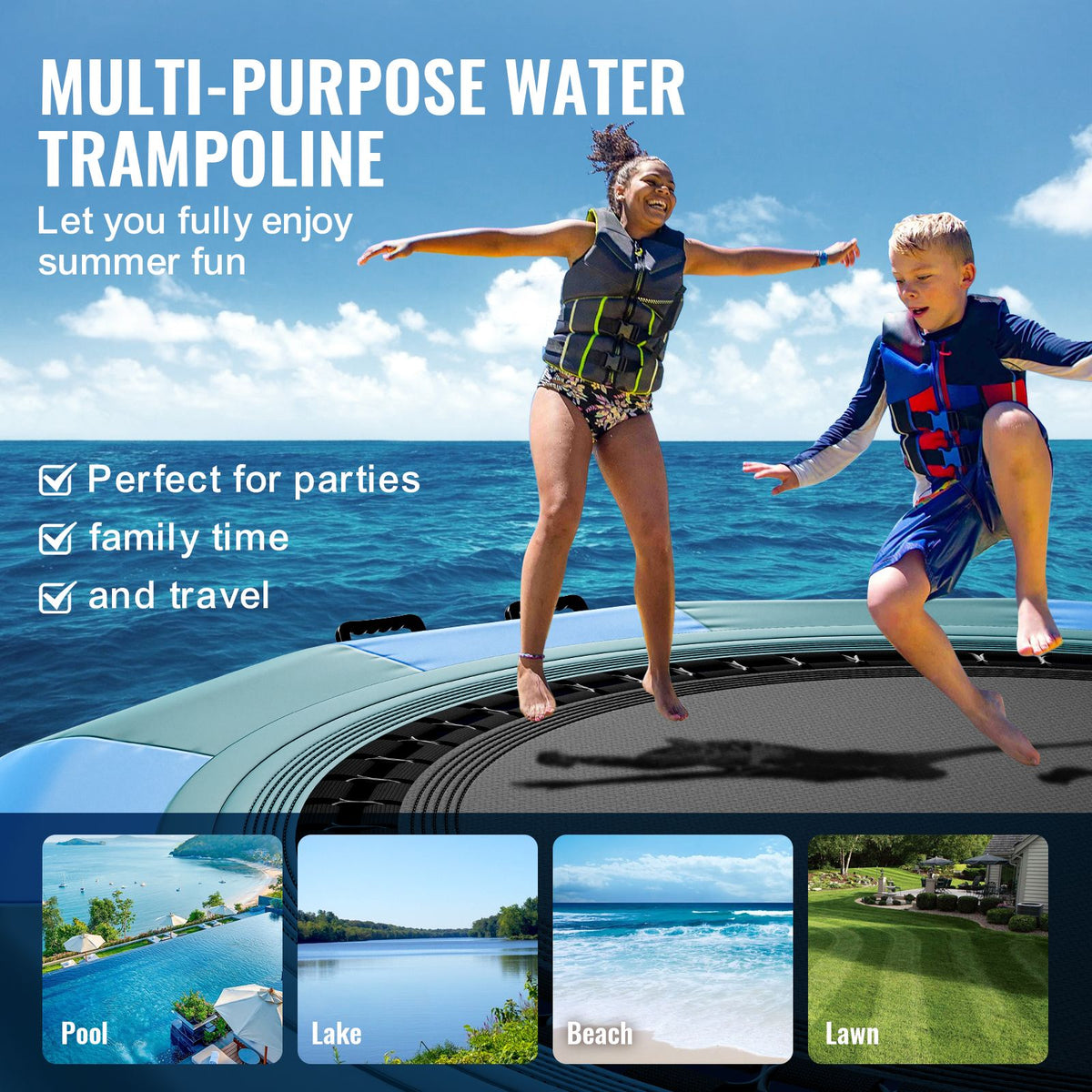 Inflatable Water Bouncer, 12ft Recreational Water Trampoline, Portable Bounce Swim Platform with 3-Step Ladder & Electric Air Pump, Kids Adults Floating Rebounder for Pool, Lake, Water Sports